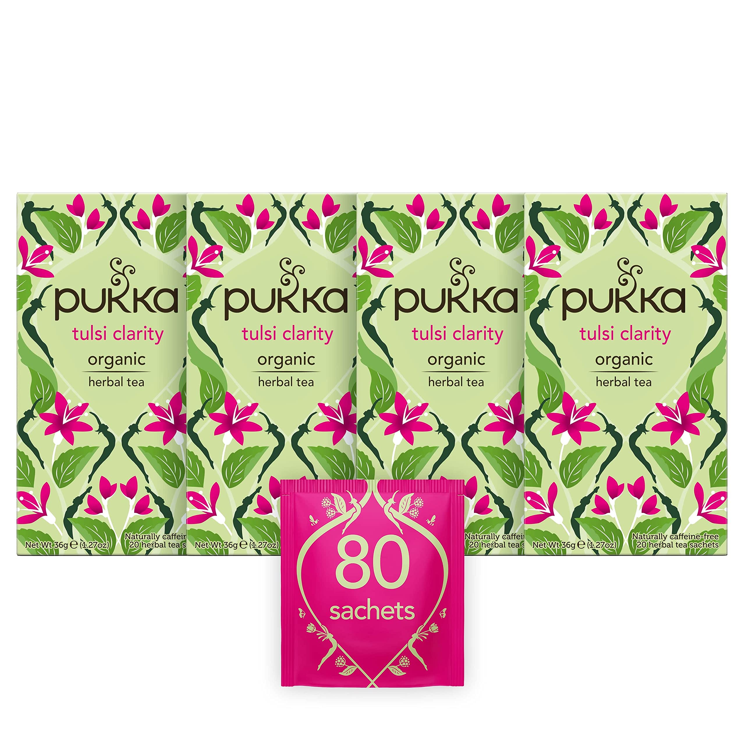 Pukka Herbs | Tulsi Clarity Organic Herbal Tea | Green, Purple and Lemon Tulsi| Perfect For Focusing | 4 packs | 80 Sachets