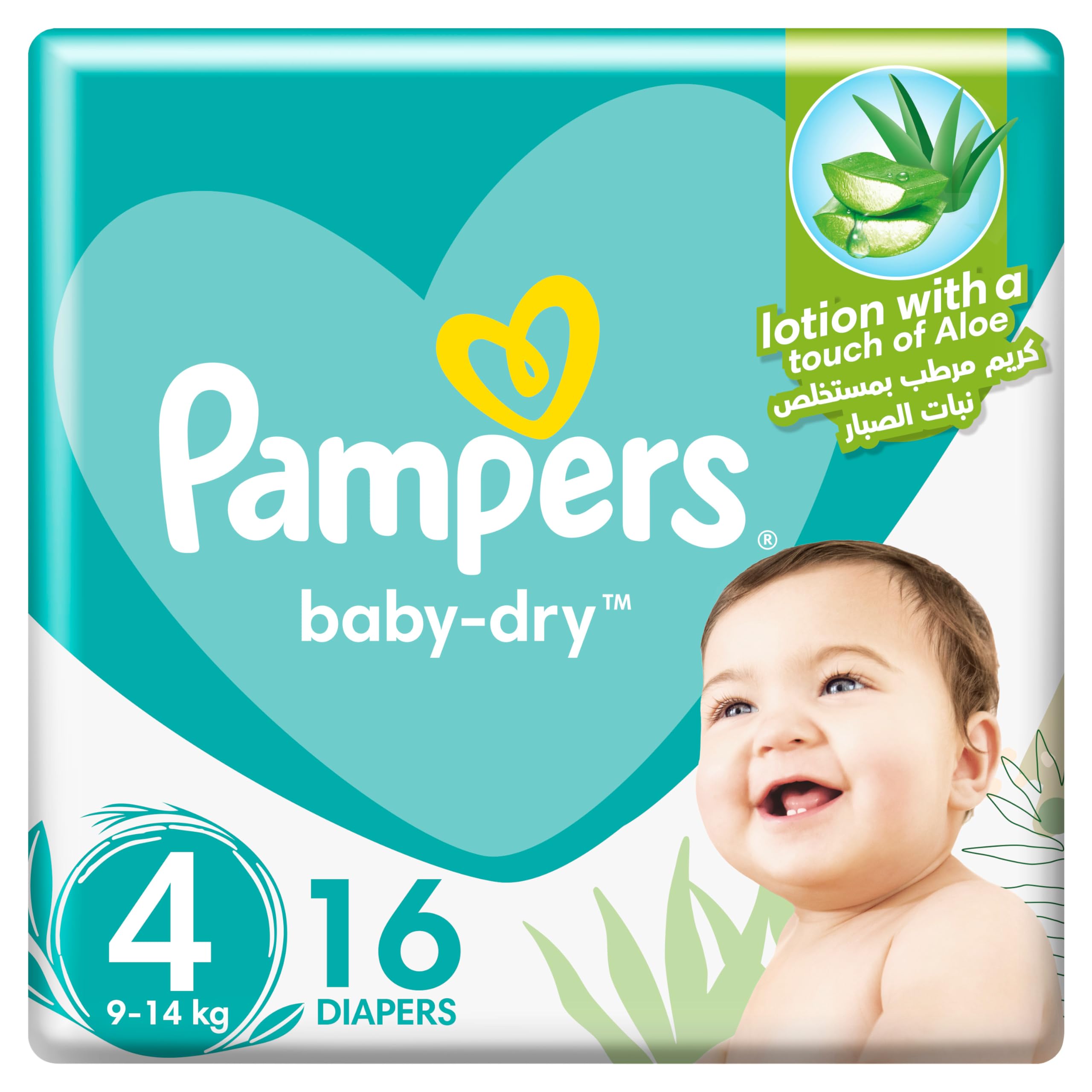 PampersBaby-Dry Taped Diapers with Aloe Vera Lotion, up to 100% Leakage Protection, Size 4, 9-14kg, 16 Count