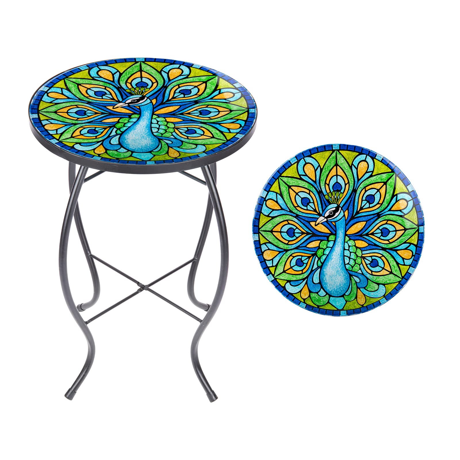 MUMTOP Outdoor Side Table - Small Mosaic Patio Table, 14” Round Accent End Coffee Table Glass Plant Stand for Garden Patio Living Room(Peacock)