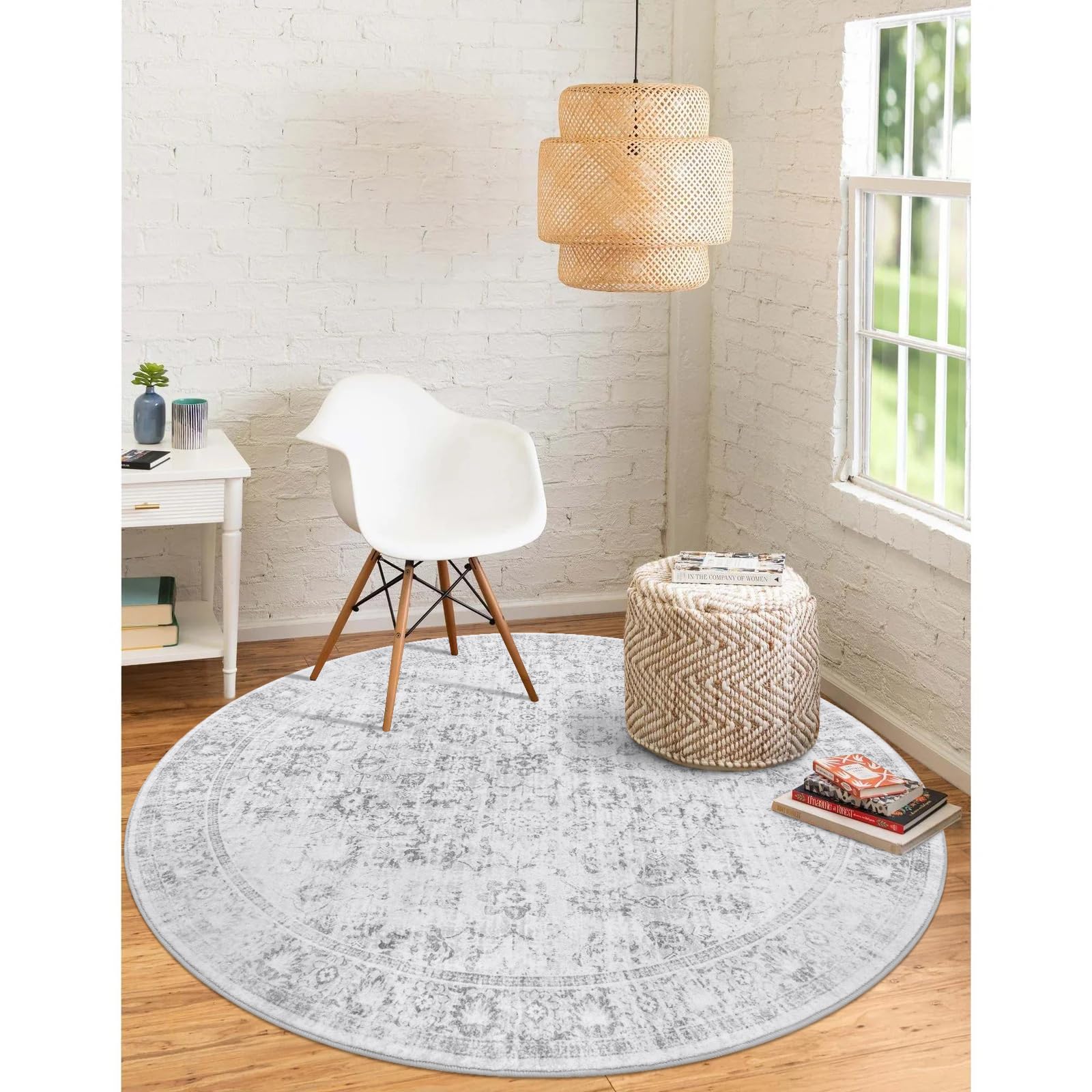 LIVEBOX Washable Area Rug 4ft Boho Round Rug Traditional Rug for Bedroom, Ultra-Thin Retro Carpet Grey Print Distressed Accent Circle Rug for Nursery Room Entryway Foyer