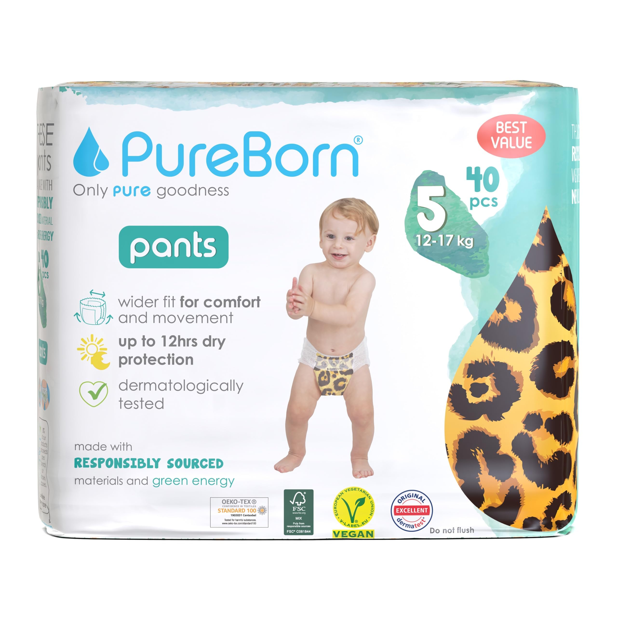 PureBornBaby Dry Pull Up Diapers/Nappy Pants Suitable for Babies |Size -5 |Double Pack|40 Pieces|Superior Upto 12 Hours Day & Night Protection|Dermatologically tested|Super Soft|Skin Friendly