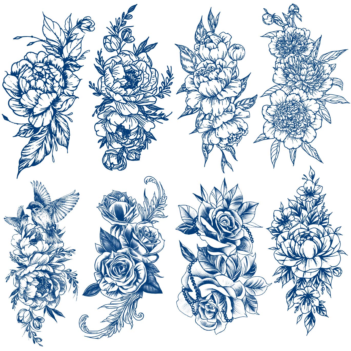 Semi Permanent Tattoos, Temporary Tattoos, 8-Sheet 100% Plant-Based Ink Realistic Blue Flower Tattoos for Adults Women Girls Kids