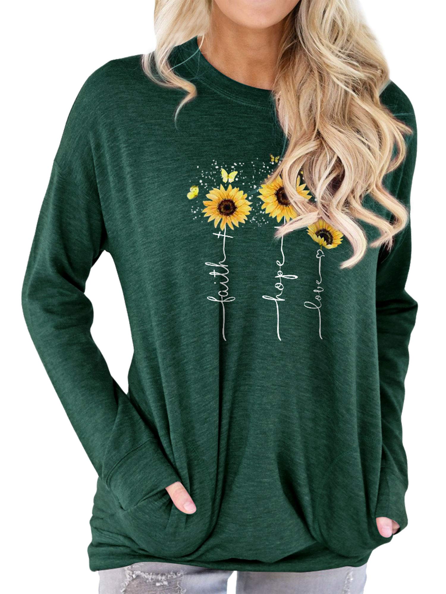 DresswelWomen Faith Hope Love Sweatshirt Sunflower Jumper Crew Neck Long Sleeve Tops Pullover Blouse with Pockets