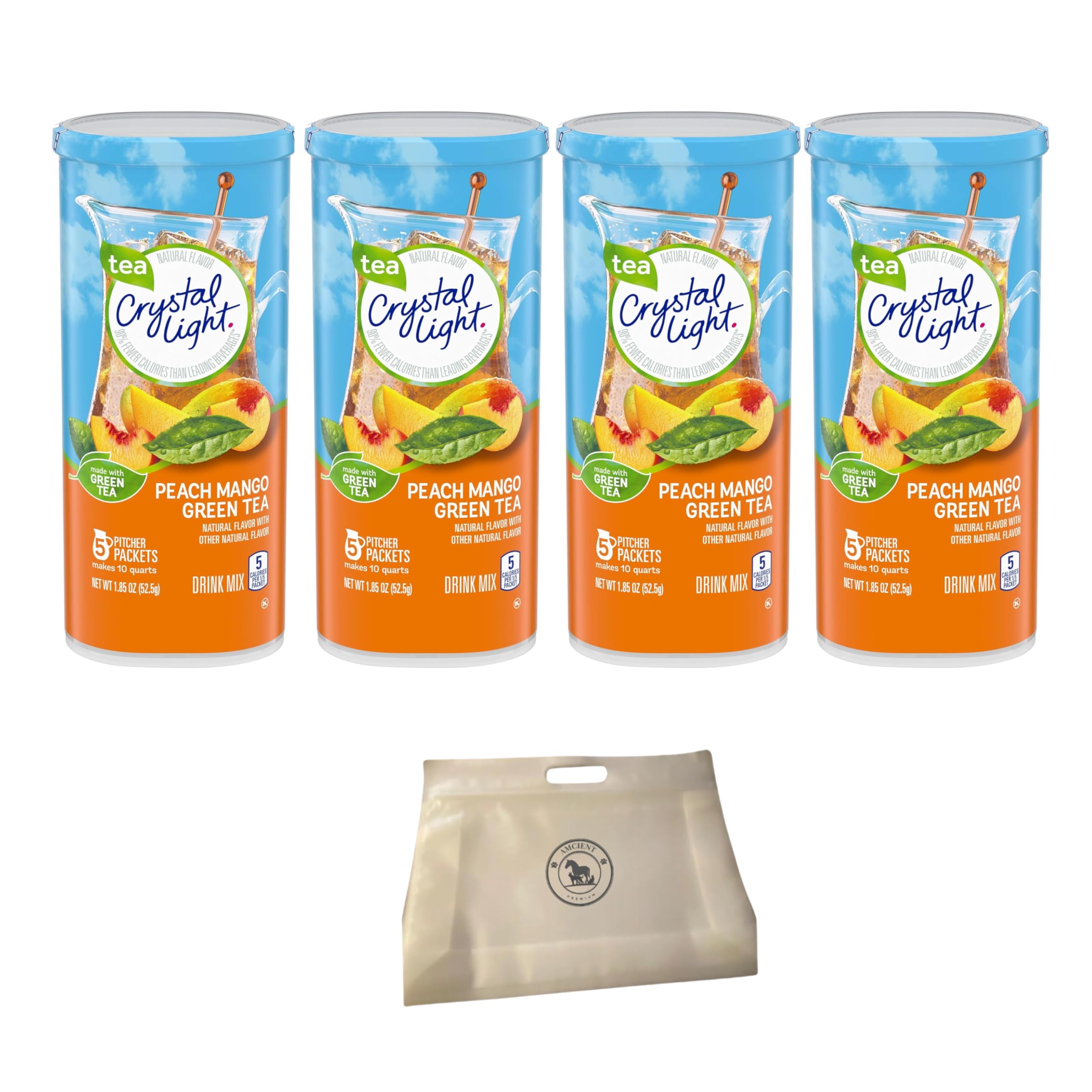 Crystal Light Peach Mango Green Tea Sugar-free Pitcher Packets 4 x 5 Count Bundle With Reusable Snack Pouch By AMCIENT