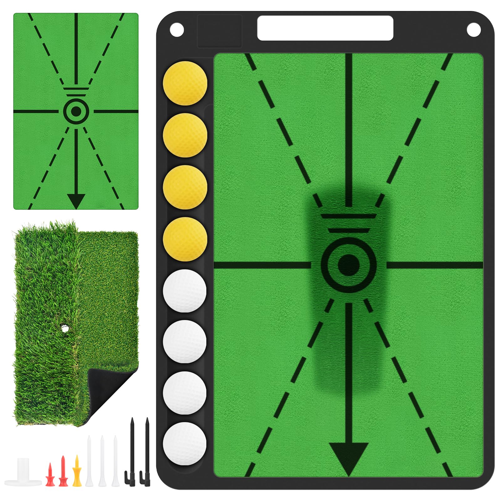 BROTOU Golf Hitting Mat Swing Path Detection, Analyse Swing Path & Correct Stance & Posture, Golf Practice Mat with Ball Tray, Rubber Base, Dual Turf Mat, for Outdoor Indoor Golf Training