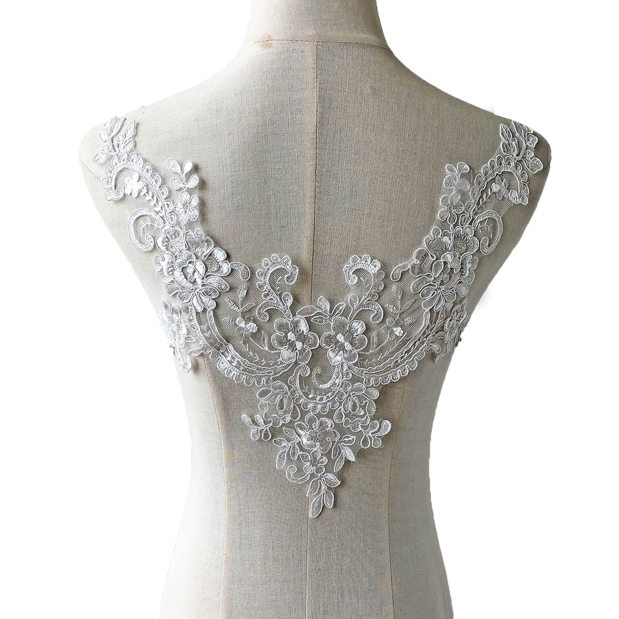 V-Neck Floral Lace Applique Threaded Embroidery Applique Trim Collar Patch for Wedding Dress Gown Costumes