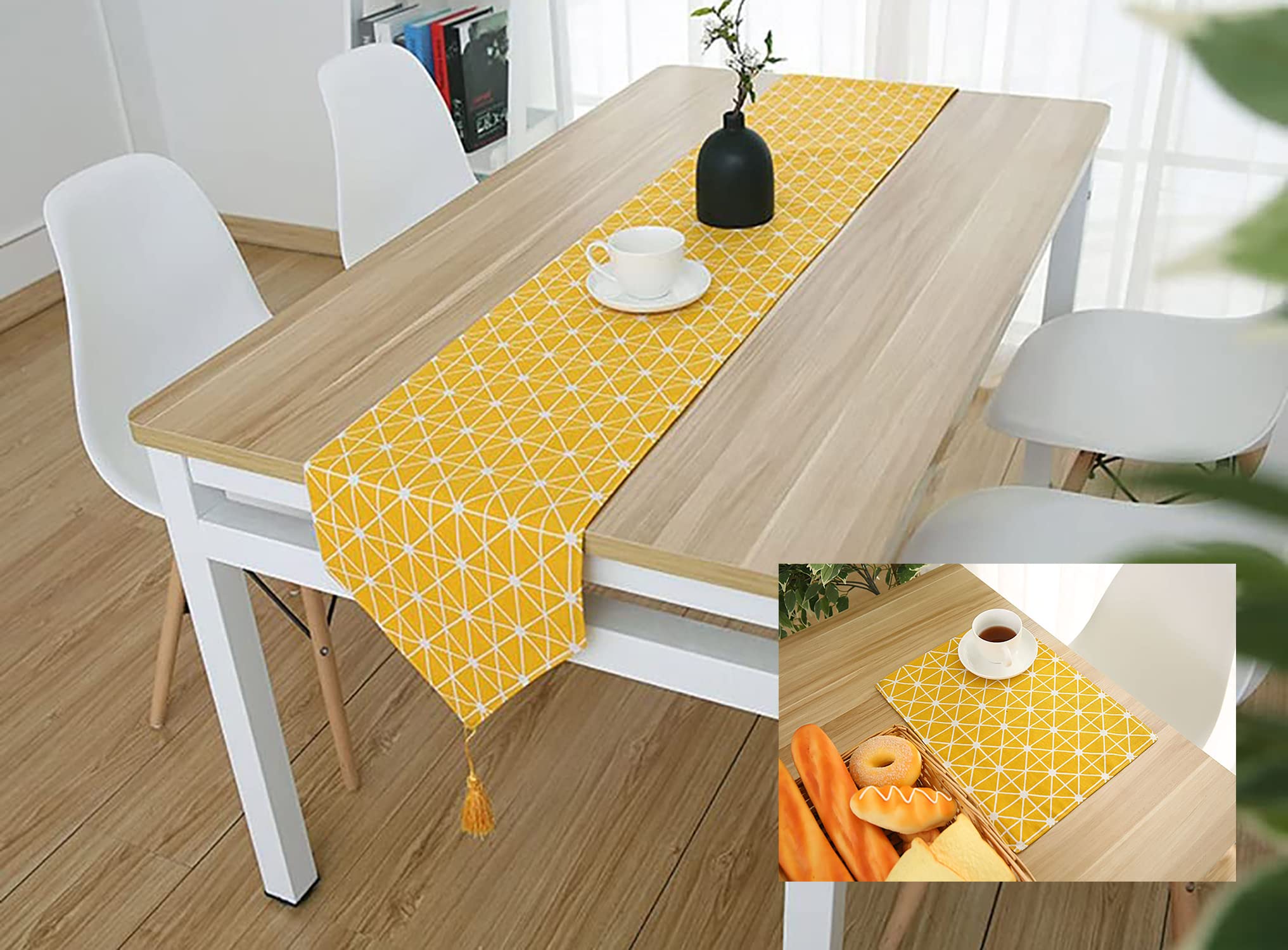 House of Quirk Table Runner, Linen Cotton Tassel Retro Ethnic Indian Style Tapestry Table Runners for Dining Room Home Decoration (1 Runner 30x160cm, 6 Placemat Yellow Diamond)