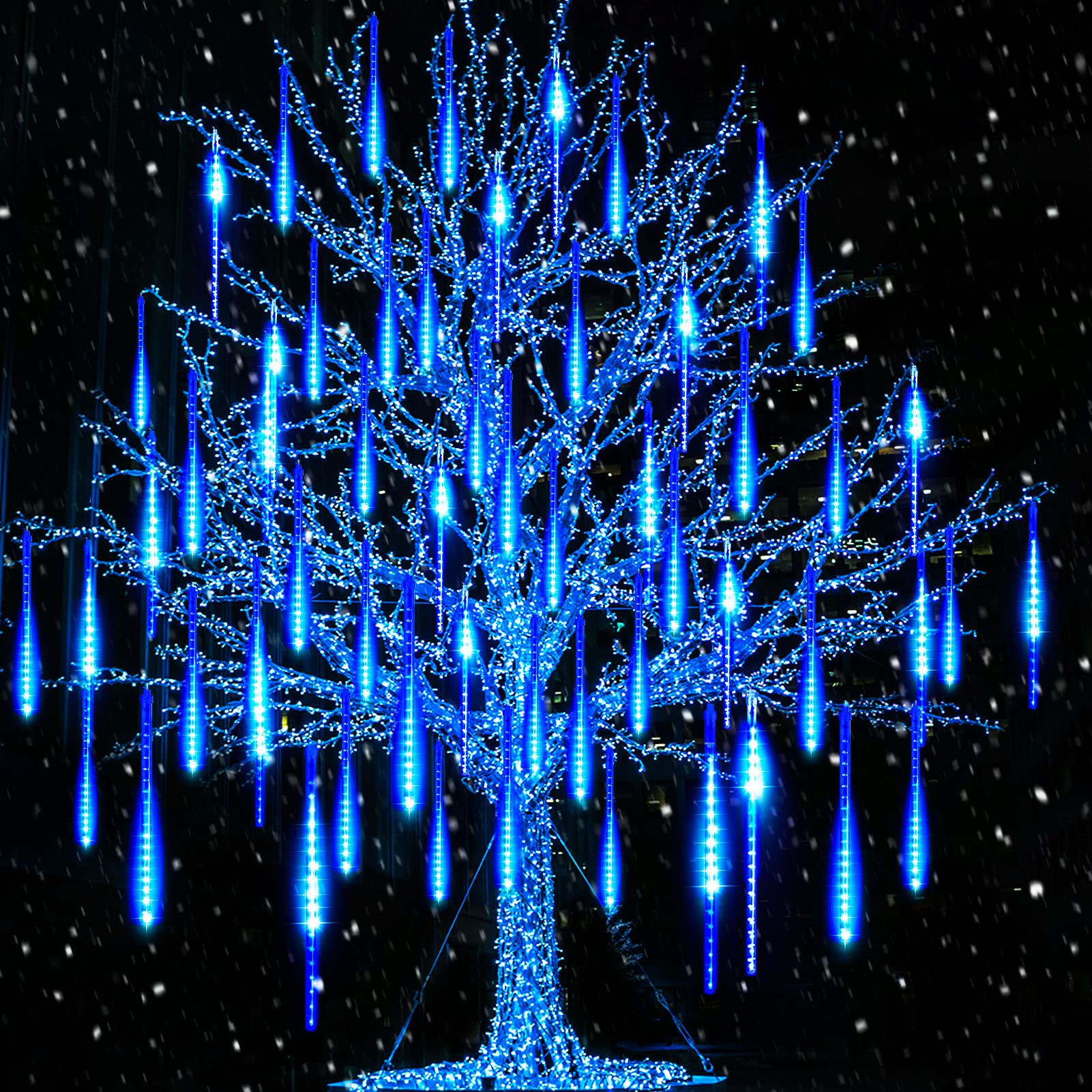 MinetomMinetom Meteor Shower Icicle Christmas Lights Outdoor, 16 Inches 16 Tubes 576 Led Dropping Lights Connectable, Hanging Falling Rain Lights for Tree Bushes Holiday Christmas Tree Lights, Blue