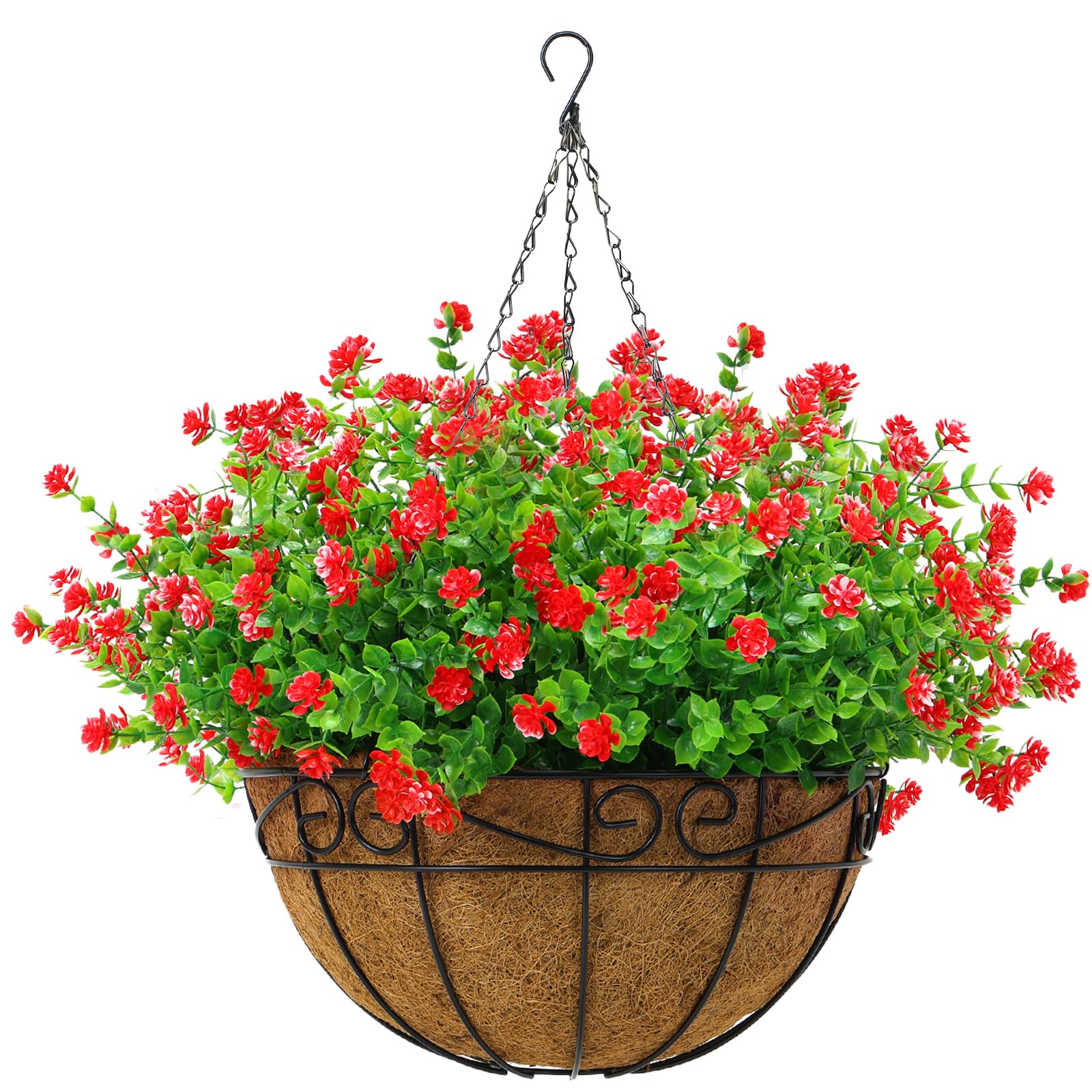 CEWOR Fake Flowers, Hanging Plants Artificial Decor, Fake Hanging Plants, 12pcs Artificial Flowers UV Resistant with Coconut Lining Basket for Patio Garden Porch Decor (Red)