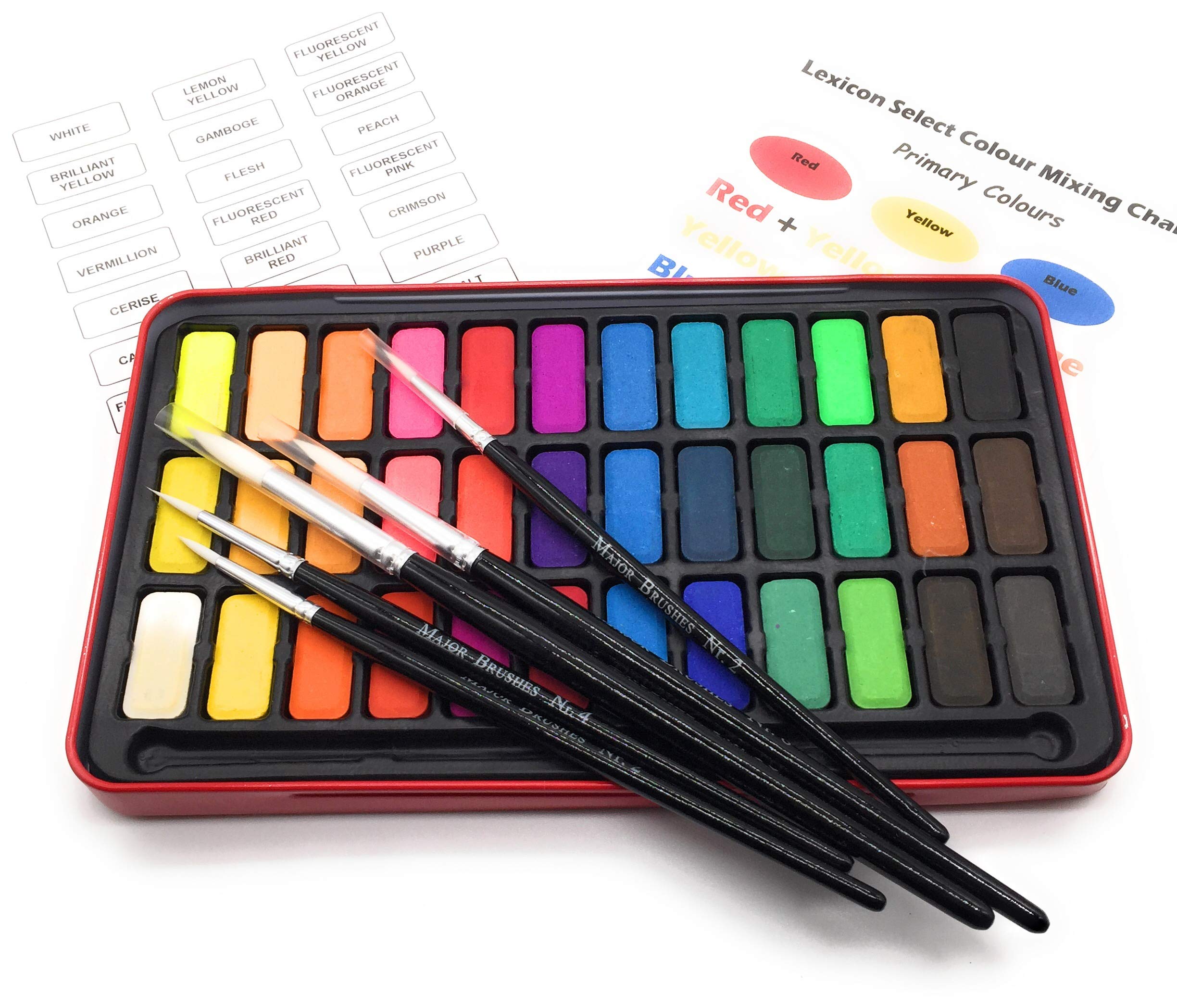 Lexicon Select Water Colour Block Tin with 36 Paint Colour Blocks and Set of 5 White Sable Substitute Watercolour Paint Brushes & Colour Mixing Chart