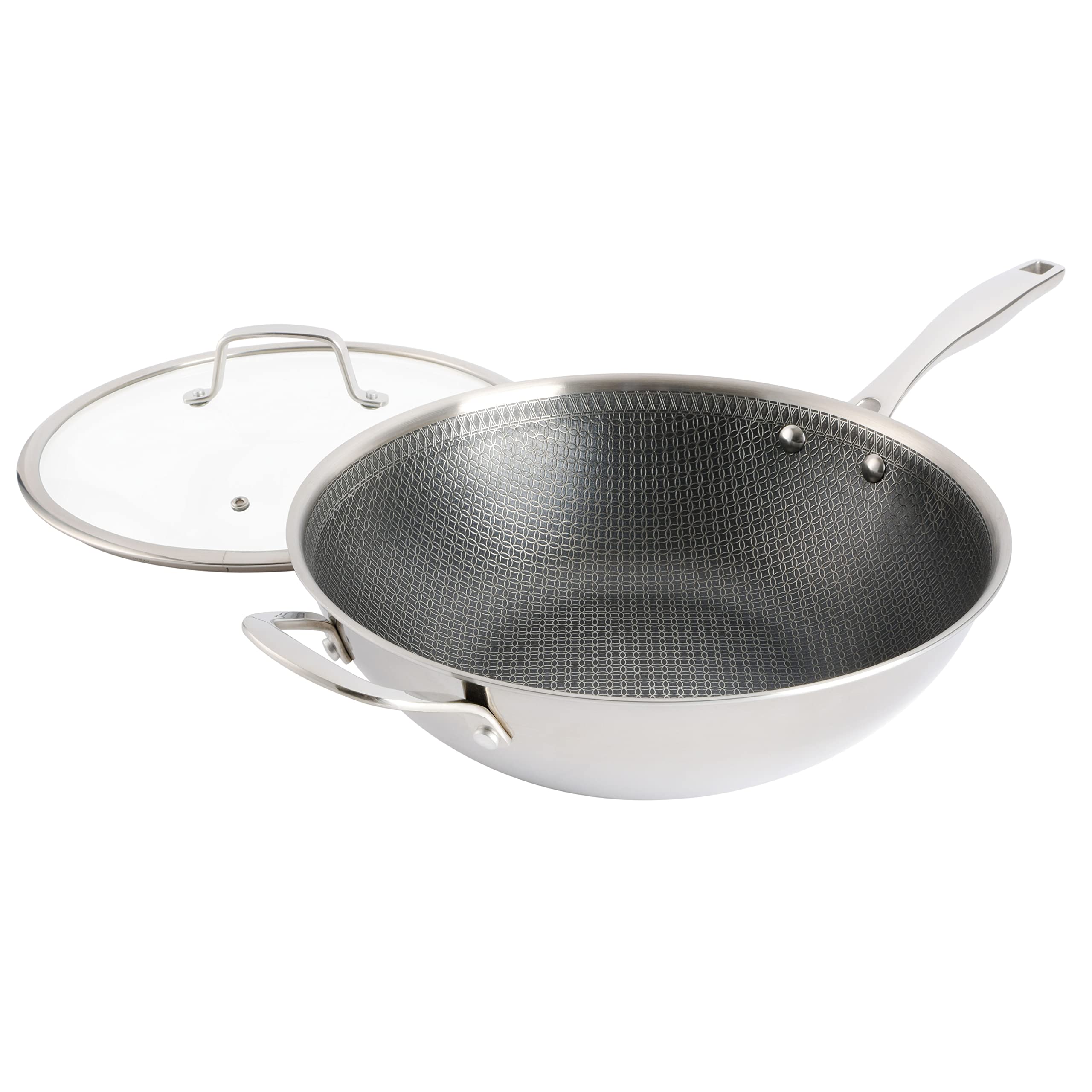 Kenmore Elite Luke Hybrid 12" Tri-Ply Stainless Steel PFOA Free Nonstick Wok Pan W/Lid, Metal Utensil Safe