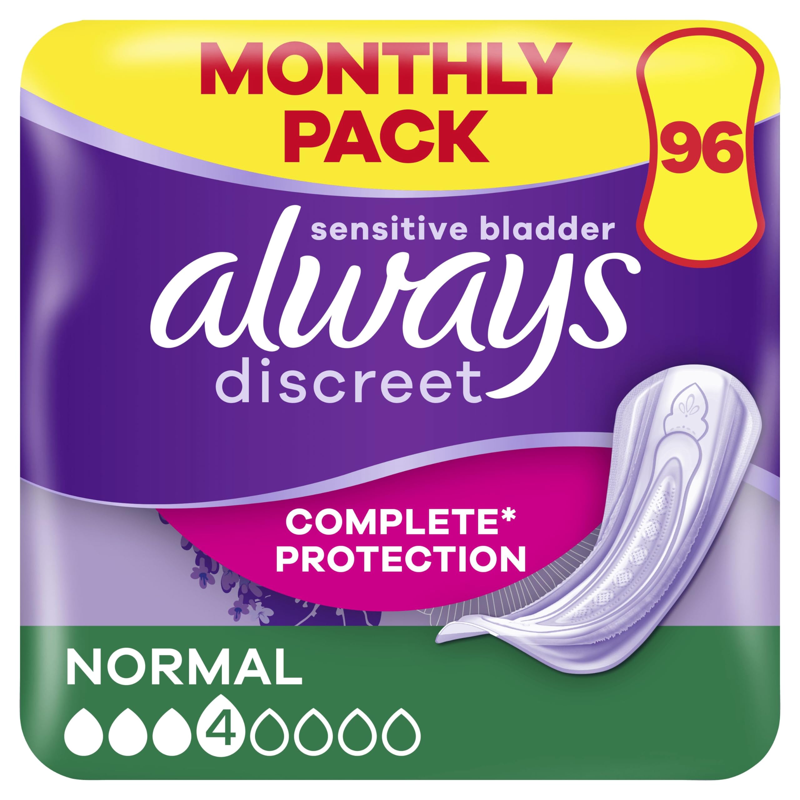 Always DiscreetIncontinence Pads Women, Normal, Absorbency 3 or 4, 96 Sanitary Towels (24 x 4 Packs), Complete Protection for Bladder Weakness Pads Women, Odour Neutraliser