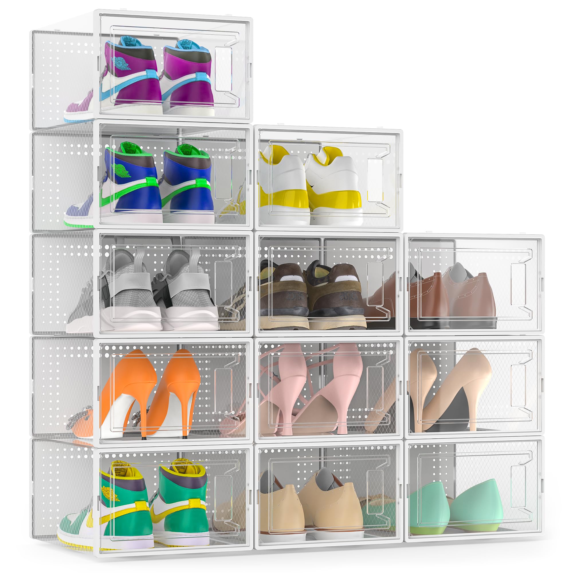 Secret Space 12 Pack Large Shoe Storage Organizer for Closet, Modular Space Saving Shoe Boxes Clear Plastic Stackable Containers Display Case Bins with Lids, Shoe Rack for Sneaker Storage, White