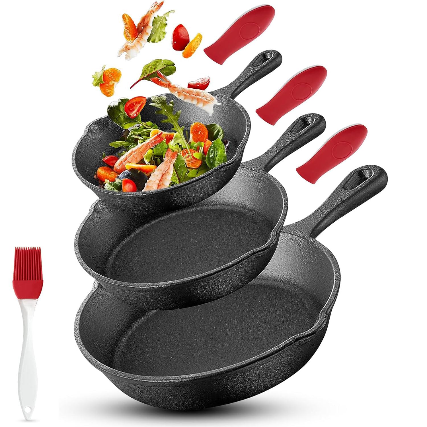 TECHVIDA Cast Iron Skillet Set of 3 pcs, Best Heavy-Duty Cast Iron Frying Pans, Pre-Seasoned Non Stick Frying Pans- 10”, 8” & 6” with Silicone Handles & Oil Brush, Black Cast Iron Cookware