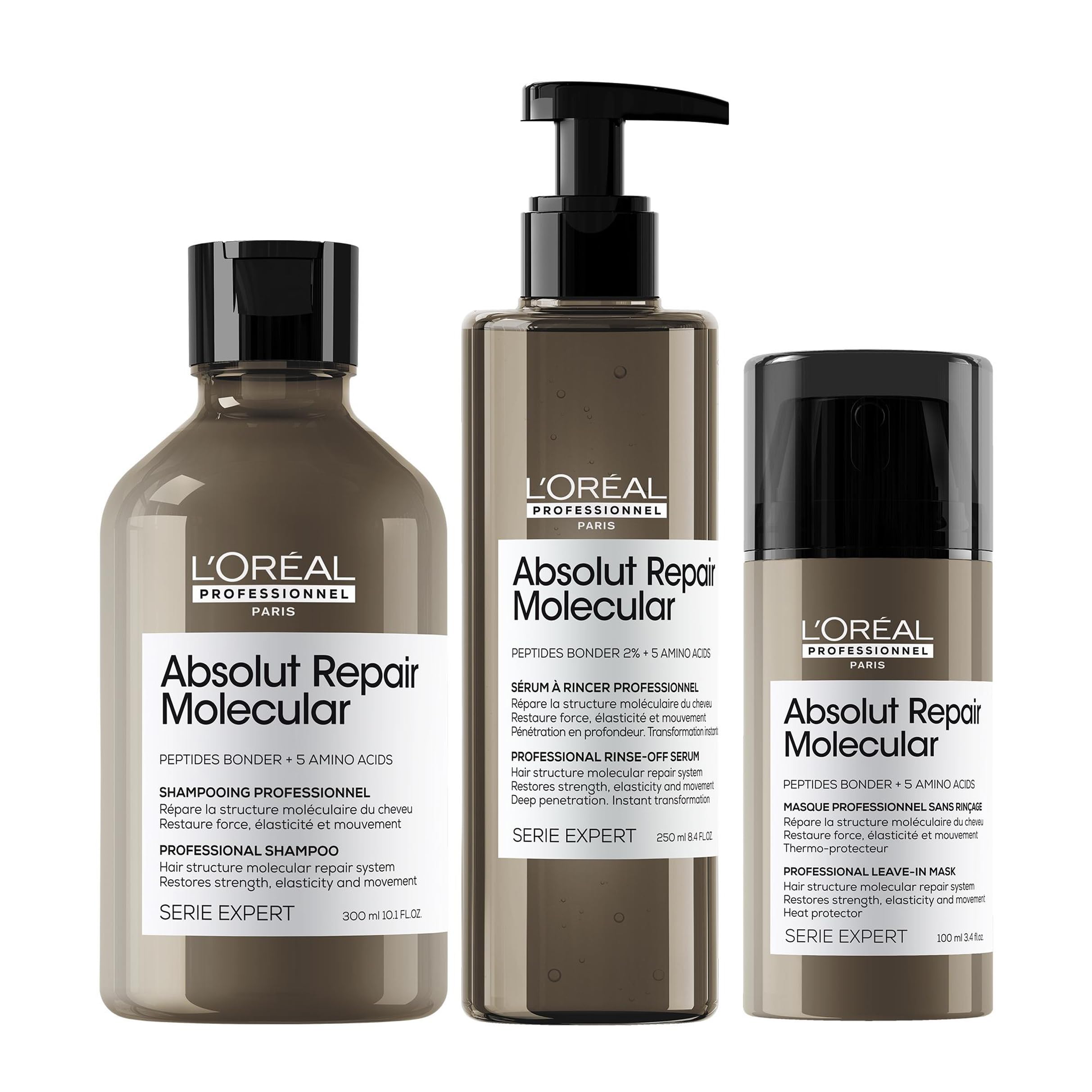 L’Oreal Professionnel, Absolut Repair Molecular Hair Shampoo & Rinse-Off Serum & Leave-in Mask Set, Repairs Damage & Restores Strength, Instant Transformation, For All Damaged Hair Types, SERIE EXPERT