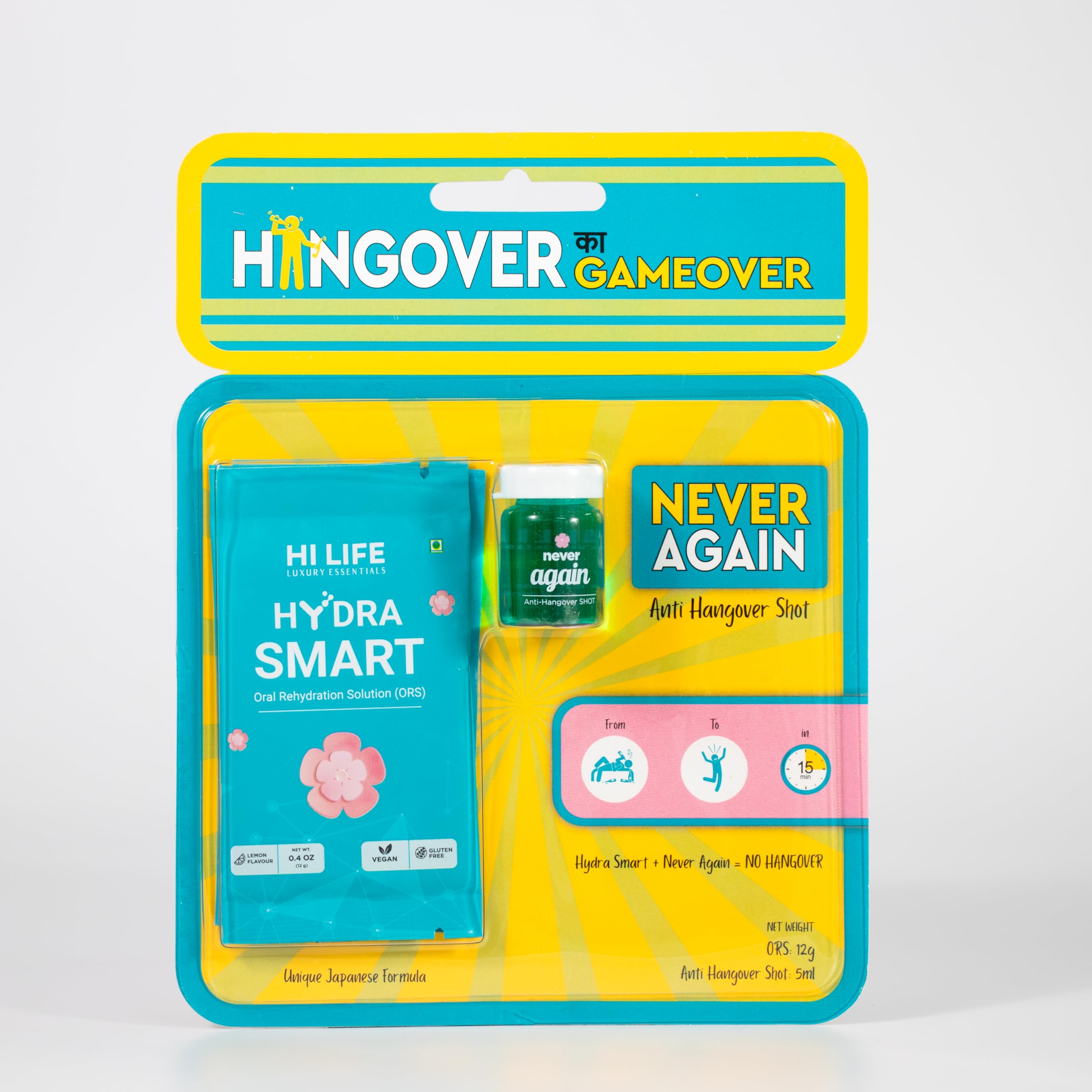 Hi Life Never Again Antihangover Shot with Hydra Smart ORS|Lemon Flavor | No Sugar & No Caffeine | Contians essential electrolytes| Its 100% Vegan, Safe & Easy to Consume