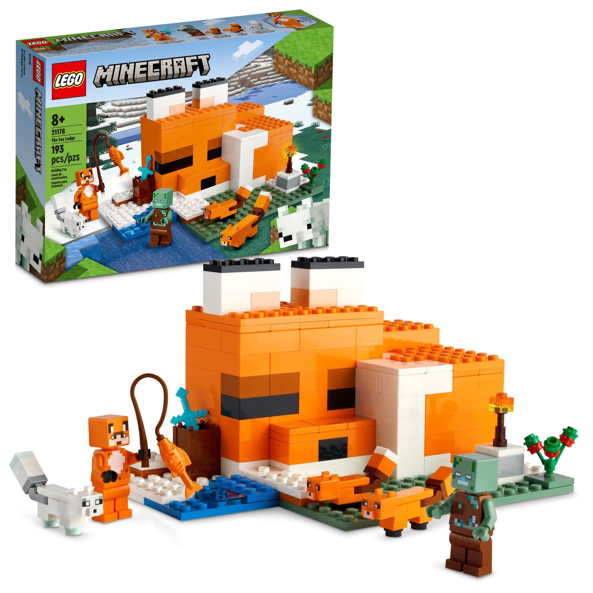 LEGO Minecraft The Fox Lodge House 21178 Animal Toys with Drowned Zombie Figure, Birthday Gift for Grandchildren, Kids, Boys and Girls Ages 8 and Up