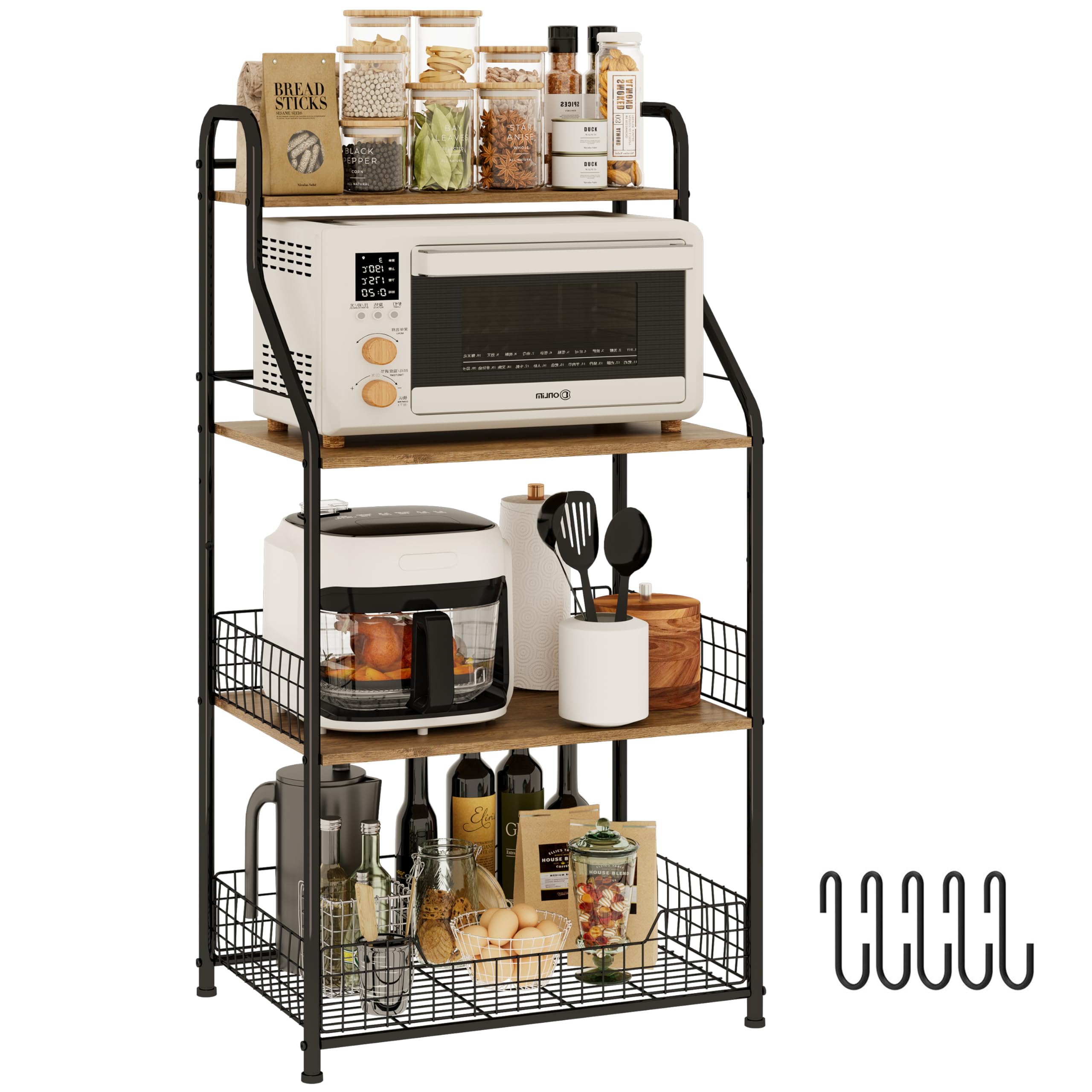 Microwave Stand with Storage 4-Tier, Bakers Racks for Kitchens, Coffee Cart Microwave Cart with Storage, Metal Bakers Rack with Storage, Coffee Cart with 5 S-Hooks