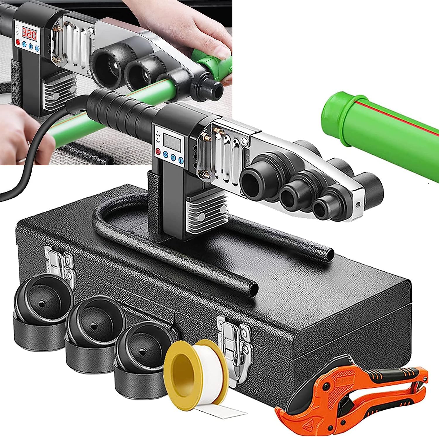 Portabl Digital Display Plastic Welding Machine, Handheld Pipe Fusion Welding Machine and 3Pcs Die Head, with Box + Scissors Kit, for Welding (20-32mm) PPR/PE/PP Pipes