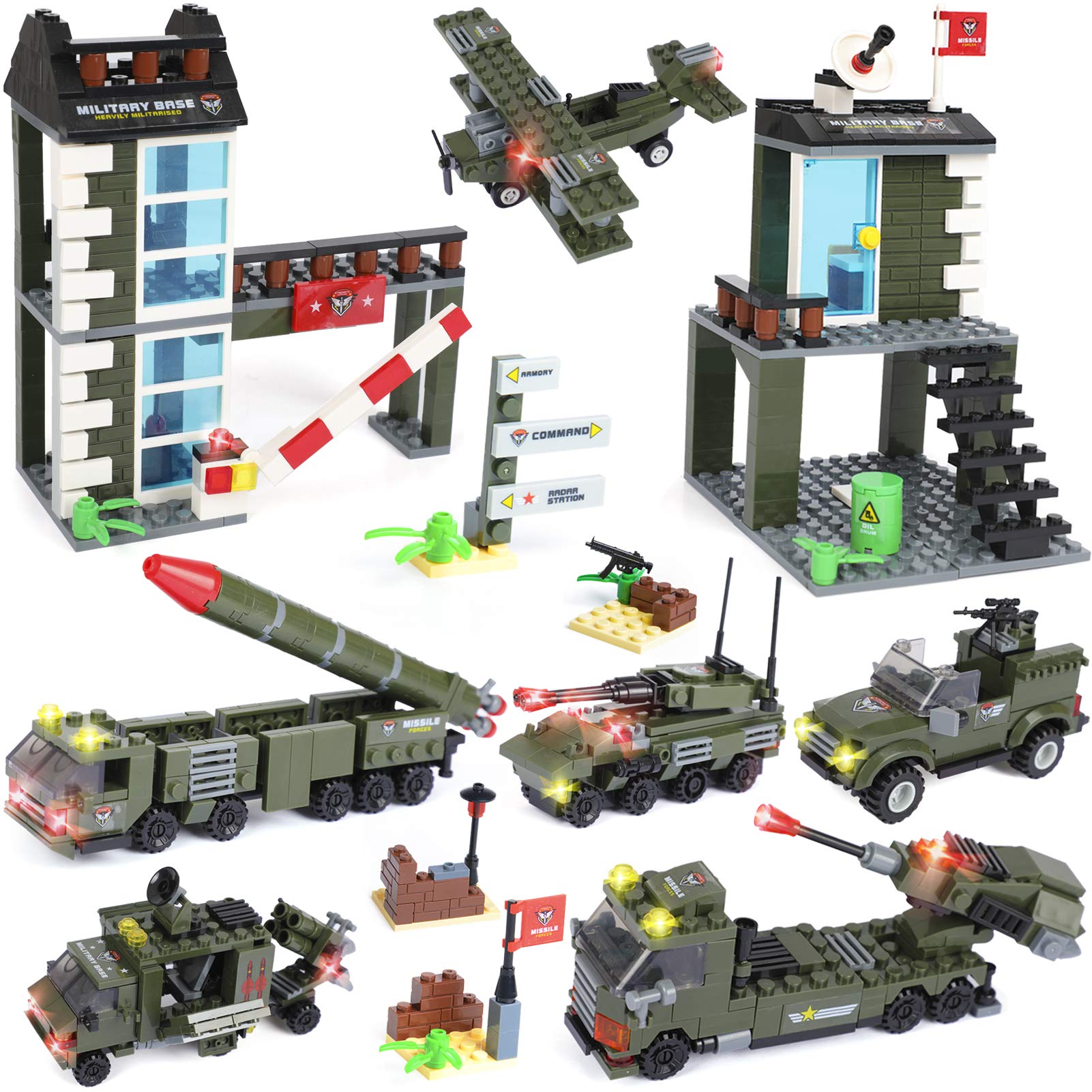 WishaLifeCity War Military Base Building Set with Army Car, Tank, Airplane, Helicopter, Military Toy Gift for Kids Boys Age 6+ (1162 PCS)