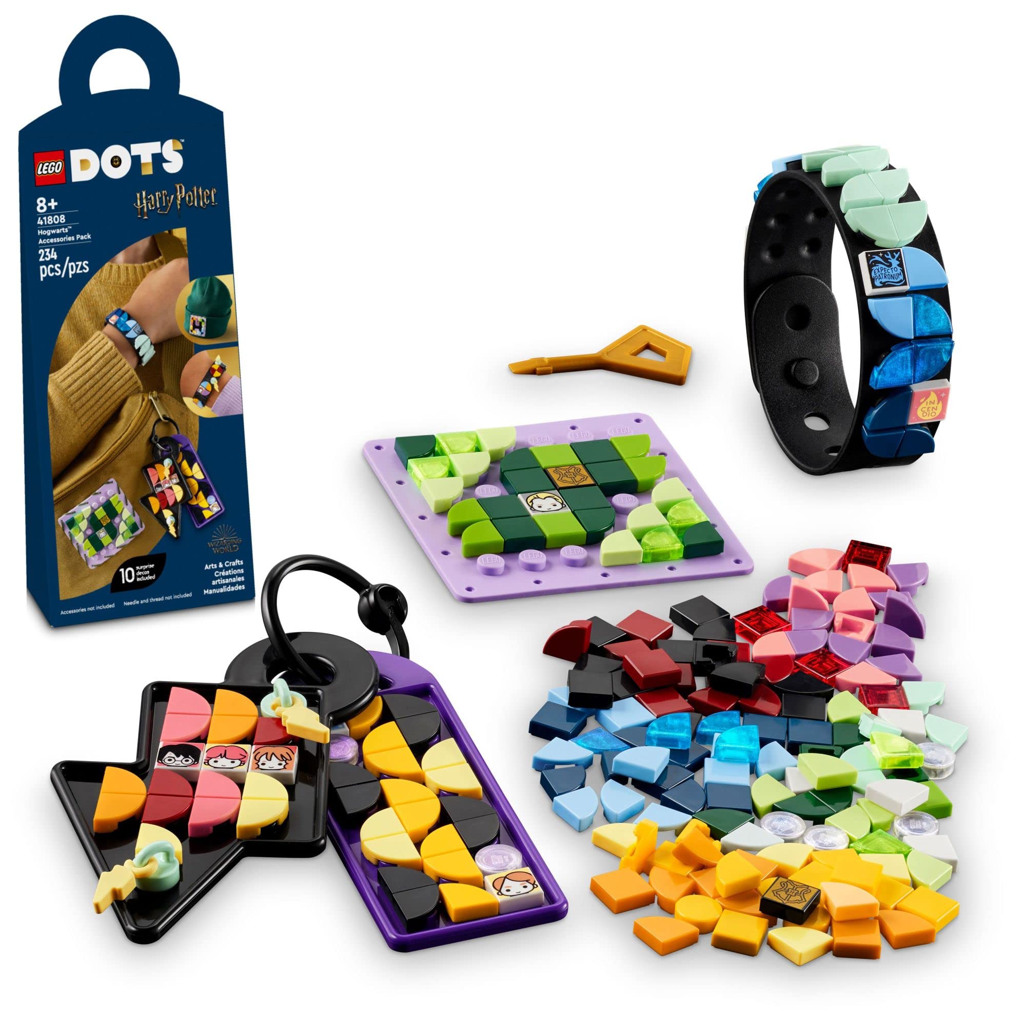 LEGODOTS Hogwarts Accessories Pack 41808, Harry Potter Themed Jewelry Making Kit with Bracelet, 2 Bag Tags and Stich-on Patch, DIY Craft Toy Set for Kids