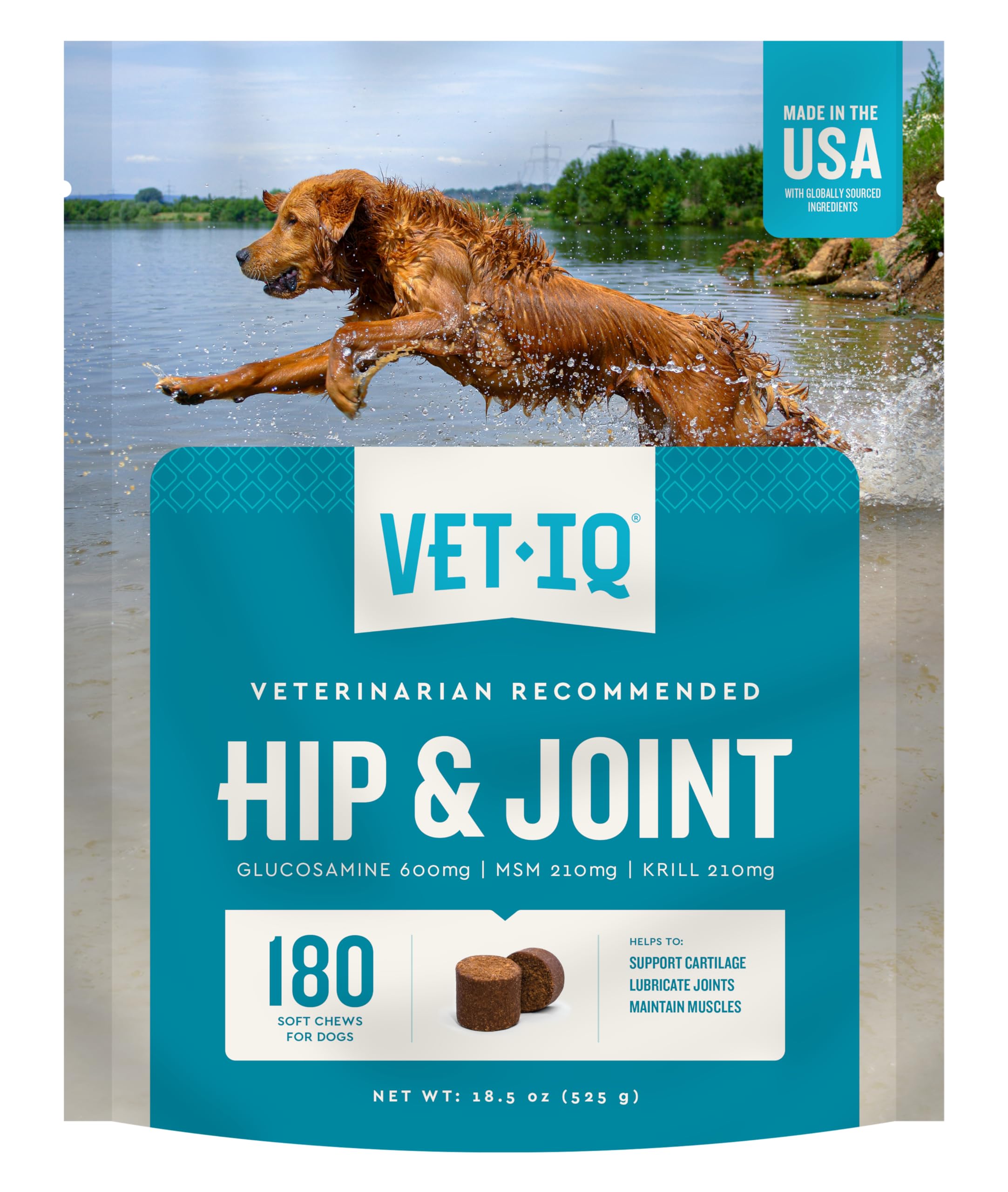 VetIQ Glucosamine Hip & Joint Supplement for Dogs, 180 Soft Chews, Dog Joint Support Supplement with MSM and Krill, Dog Health Supplies Large & Small Breed, Chicken Flavored Chewables