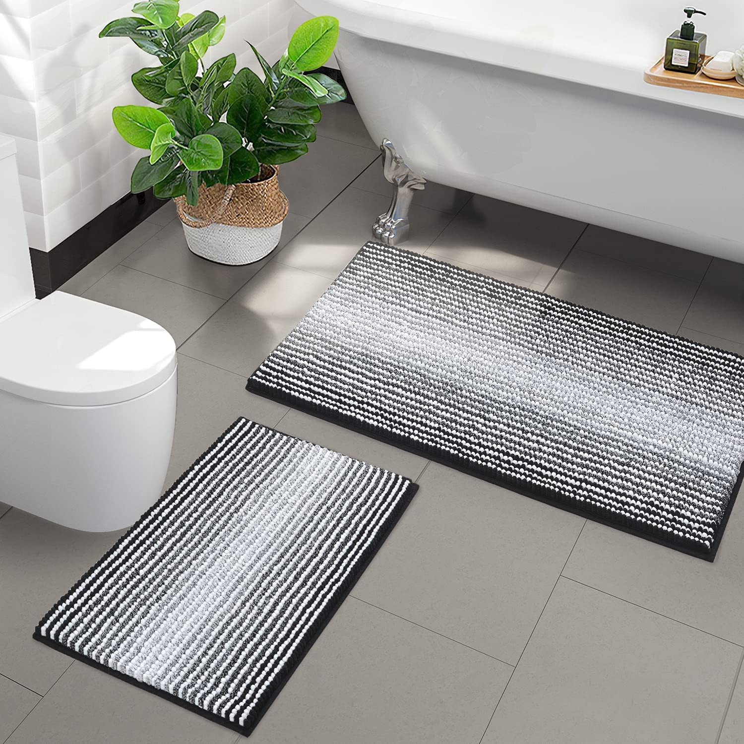 Bathroom Rugs and Mats Sets, 2 Piece Thick Absorbent Chenille Bath Mat Rug Set Non Slip, Soft Shaggy Bath Room Floor Mats for Bathroom, Machine Washable 50 * 80cm+40 * 60cm, Black