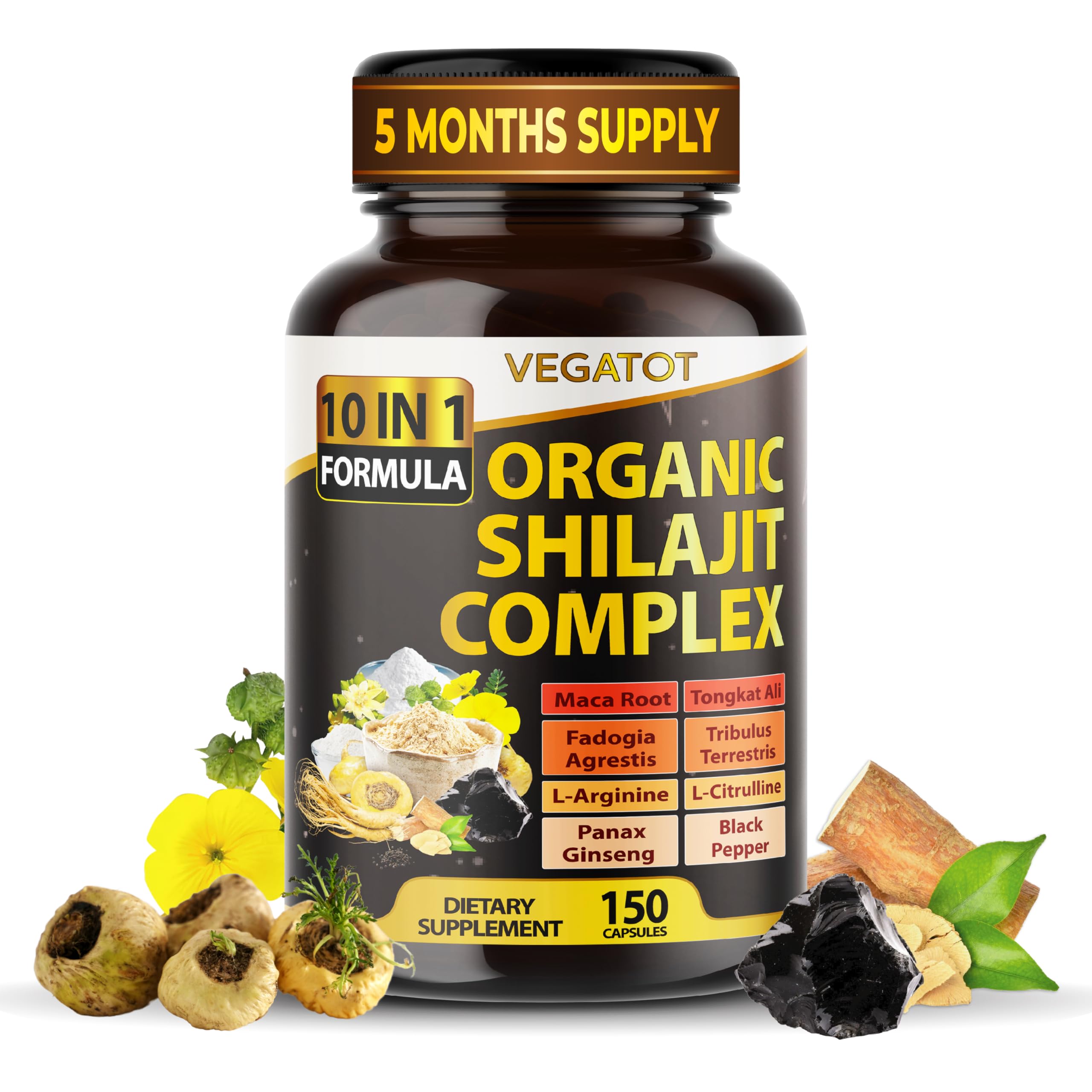 VEGATOT Organic Shilajit Complex 17,000mg - 10IN1 Formula with Maca Root, Tribulus, Fadogia, Tongkat Ali - Immune Booster, Overall Health - Made in The USA (150 Count (Pack of 1))