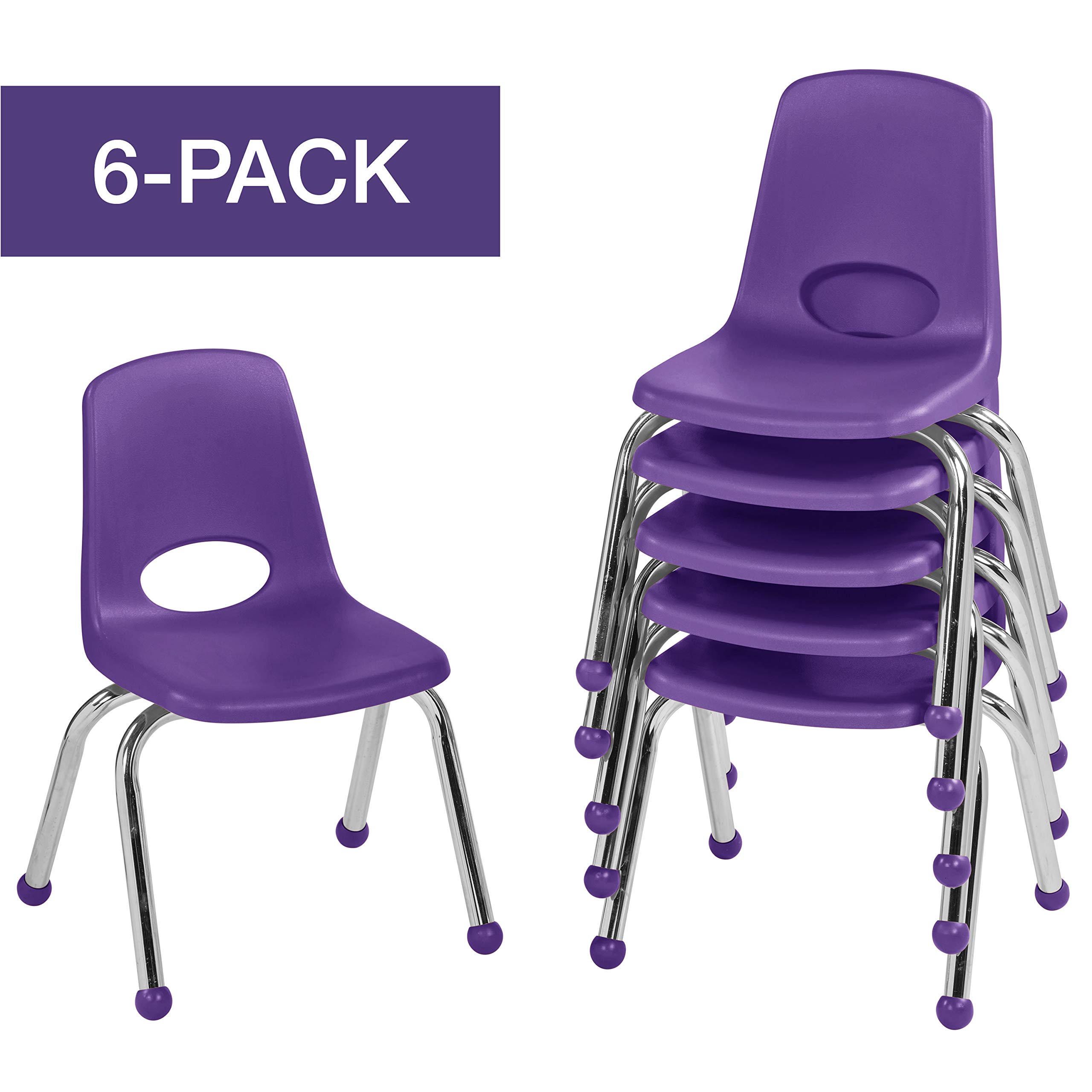 Factory Direct Partners 10359-PU 12" School Stack Chair, Stacking Student Chairs with Chromed Steel Legs and Ball Glides - Purple (6-Pack)