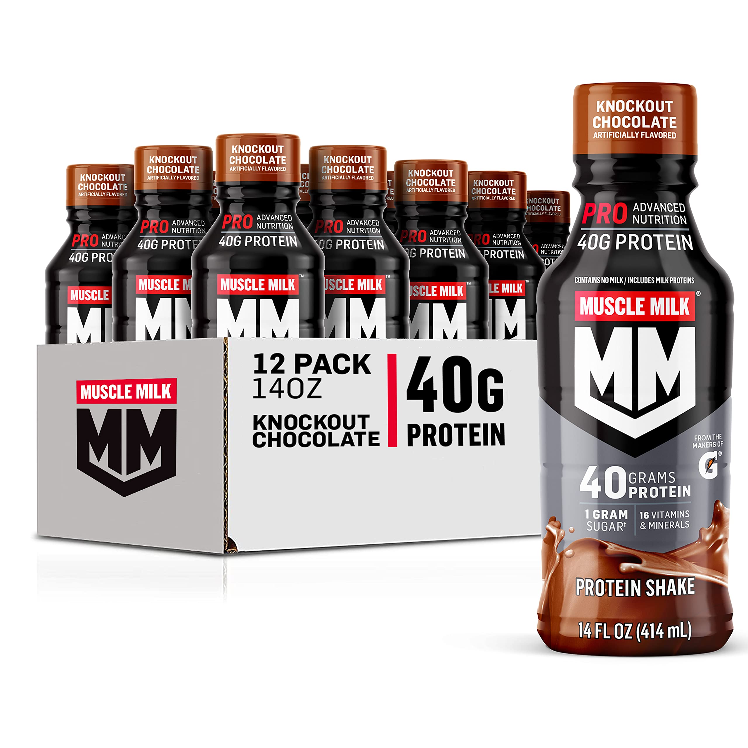 Muscle MilkPro Advanced Nutrition Protein Shake, Knockout Chocolate, 14 Fl Oz Bottle, 12 Pack, 40g Protein, 1g Sugar, 16 Vitamins & Minerals, 6g Fiber, Workout Recovery, Packaging May Vary