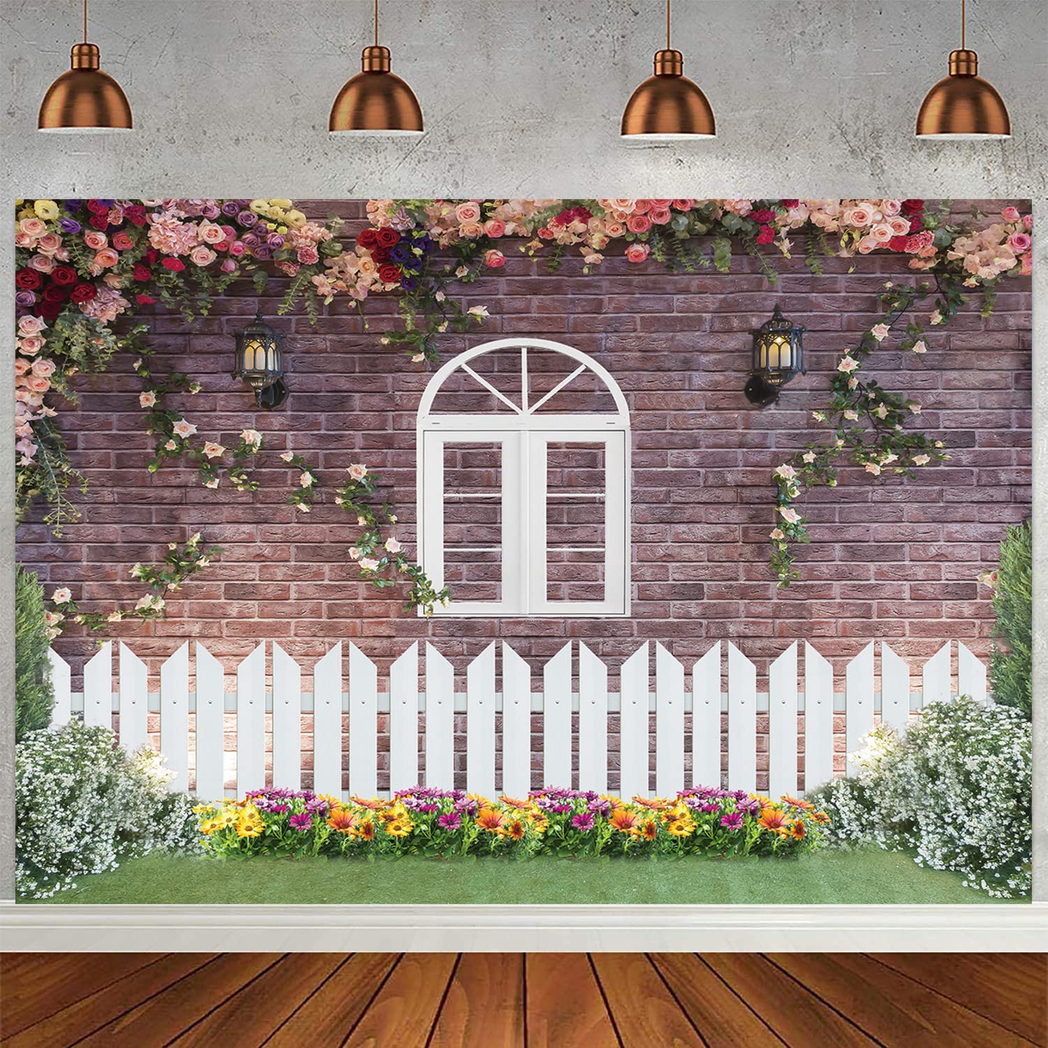 Spring Garden Flower Backdrop Dream Purple Floral Rose Ivy Green Grassfield Brick Wall Fence Window Photography Background Wedding Bridal Party Decoration Video Photo Booth Studio Props 7x5FT