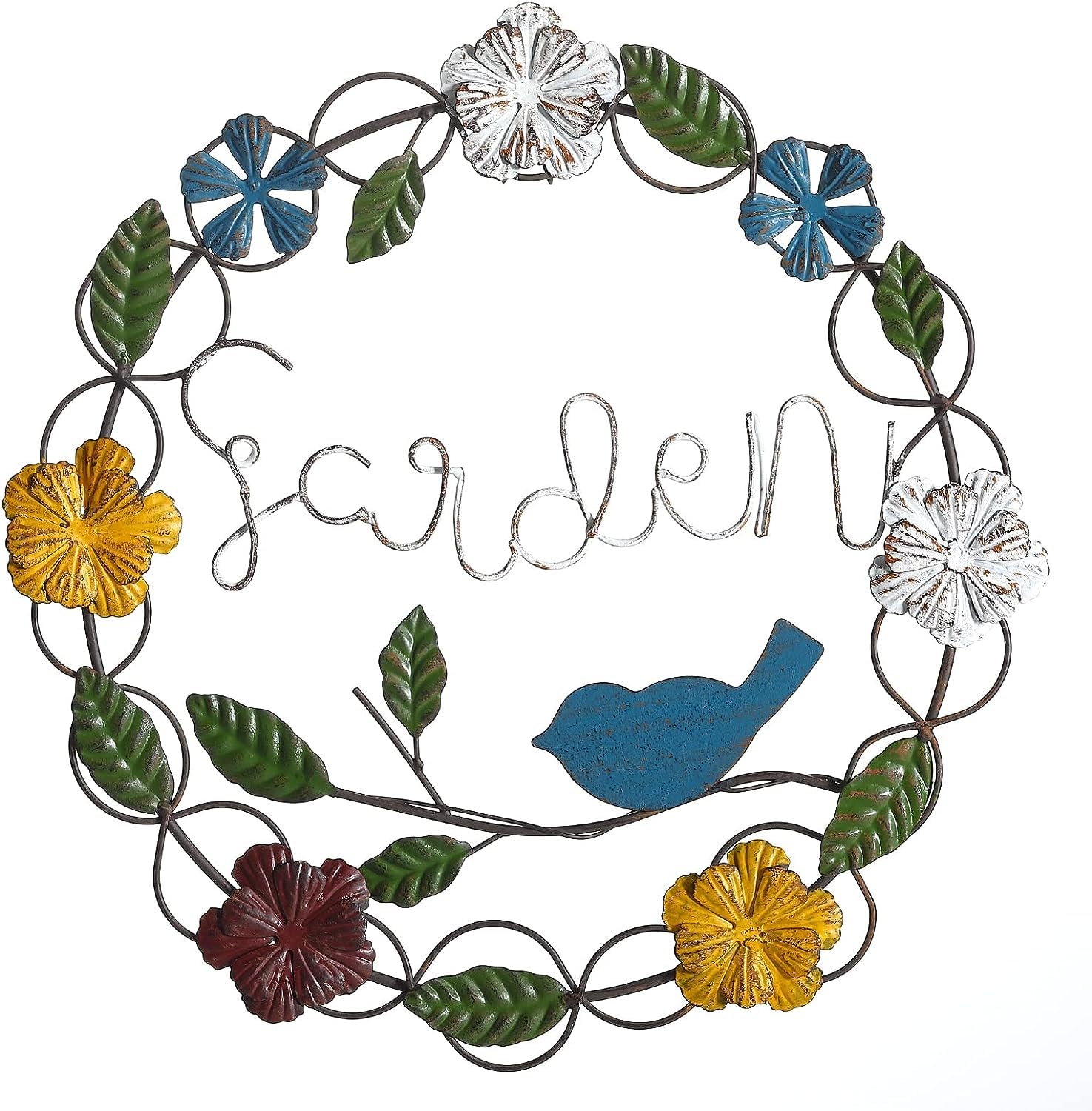 Retrome Metal Birds with Flower Front Door Wreath, Outdoor Garden Sign Wreath Wall Décor, 16"