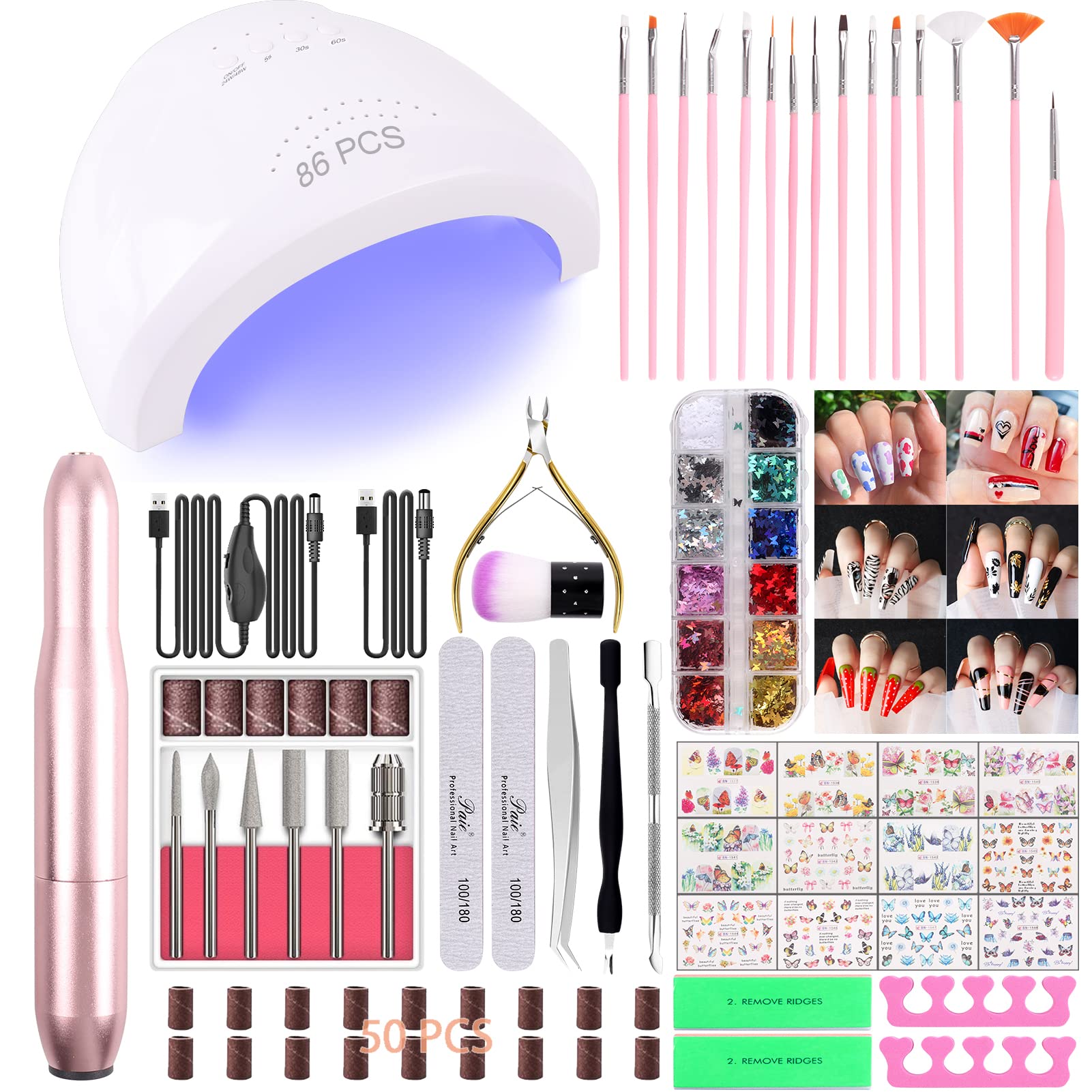 WEPSEN 86PCS Acrylic Nail Kit Set with Everything, Professional Electric Nail Drill Machine 48W UV LED Nail Lamp Gel Dryer Lamp, Nail Supplies Art Brushes Decoration Nail Efile Tools for Gel Nails