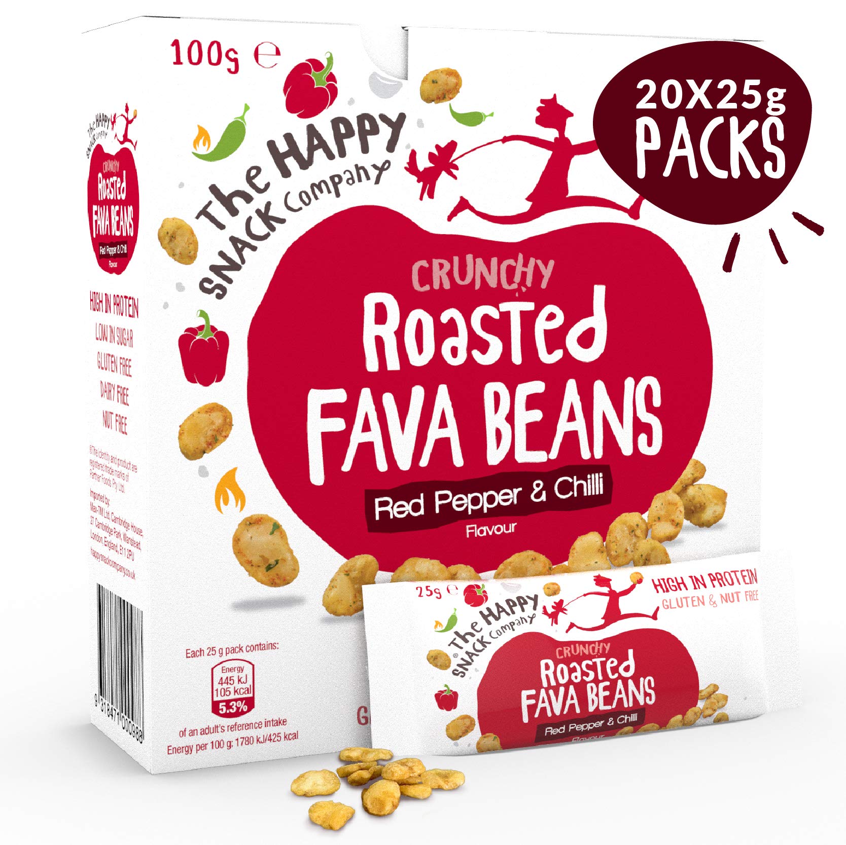 The Happy Snack Company Roasted Fava Beans, Red Pepper and Chilli Flavour Healthy Snacks, High Protein, Gluten Free Tasty Snacks, Vegan, 105 Calories, 25g Portion, Pack of 20.