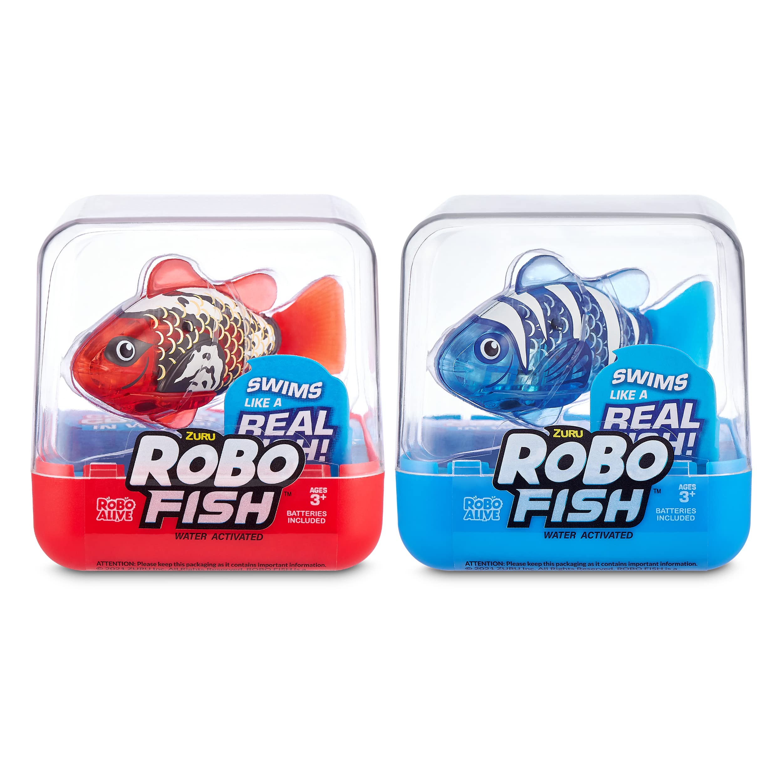 Robo Alive Robo Fish Series 2 (Red + Blue 2 Pack) by ZURU Robotic Swimming Fish Water Activated, Changes Color, Comes with Batteries, Amazon Exclusive - Red + Blue (2 Pack),Multi,7165G