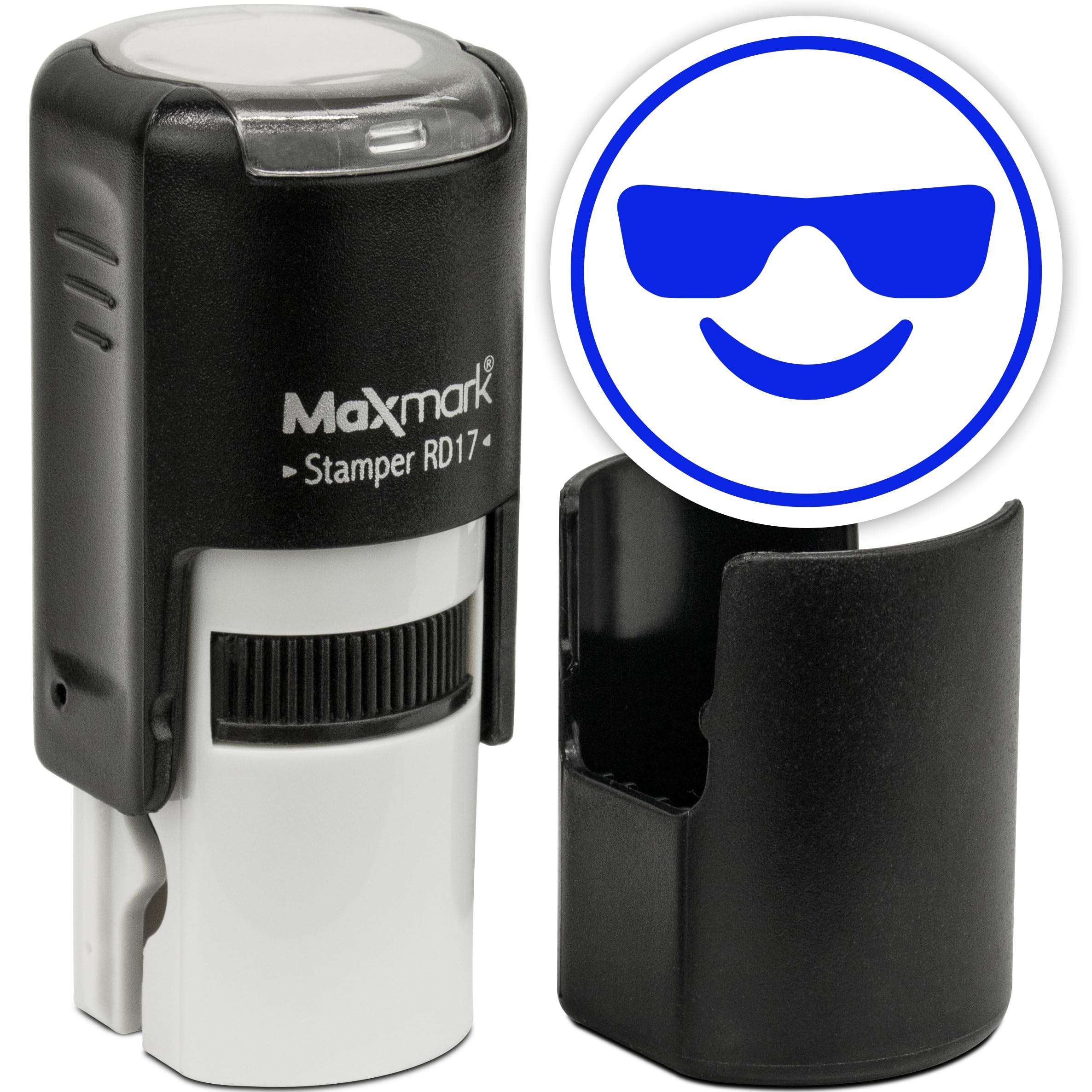 MaxMark Custom Round Self Inking Emoji Stamp - Sunglasses - Blue Ink