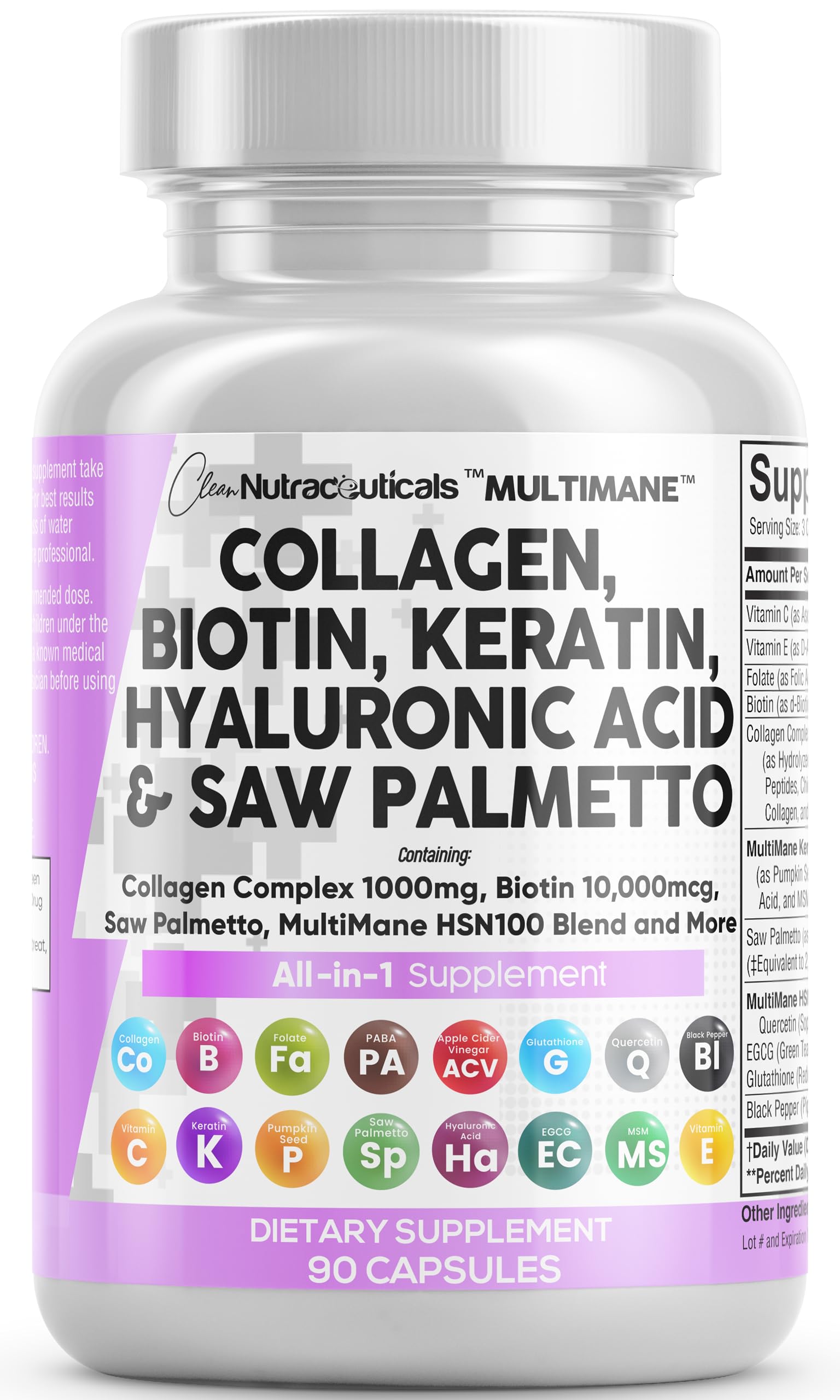 Clean Nutraceuticals Collagen Pills 1000mg Biotin 10000mcg Keratin Saw Palmetto Hyaluronic Acid - Hair Skin & Nails Vitamins & DHT Blocker with Vitamin E Folic Acid Pumpkin Seed MSM - 90 Count