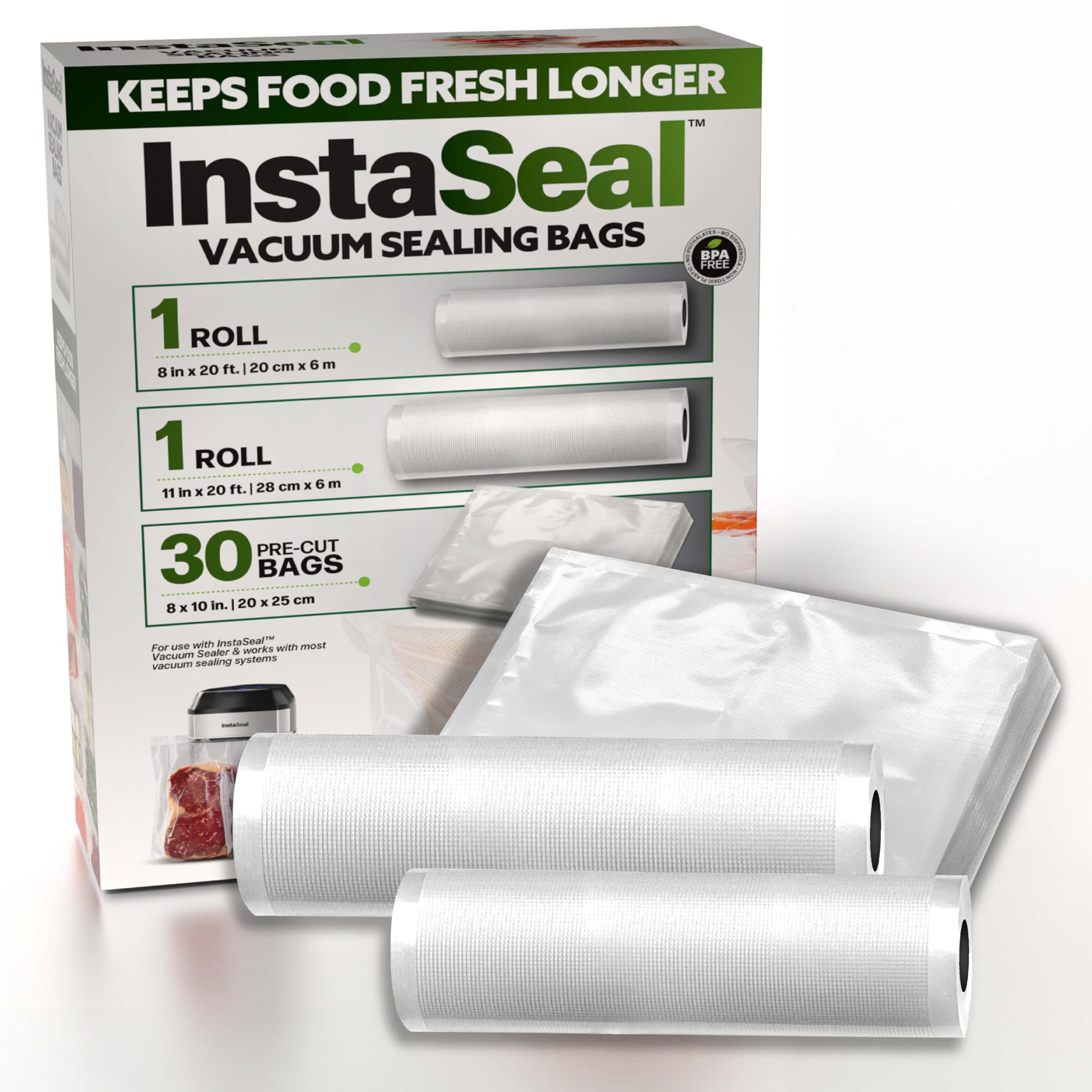 InstaSeal Vacuum Sealer Bags for Food, 1 Roll 8" x 20 Ft + 1 Roll 11" x 20 Ft + 30 Pre Cut Vacuum Seal Bags for Food, Works with ALL Vacuum Sealer Machines, Helps Keep Food Fresher Longer