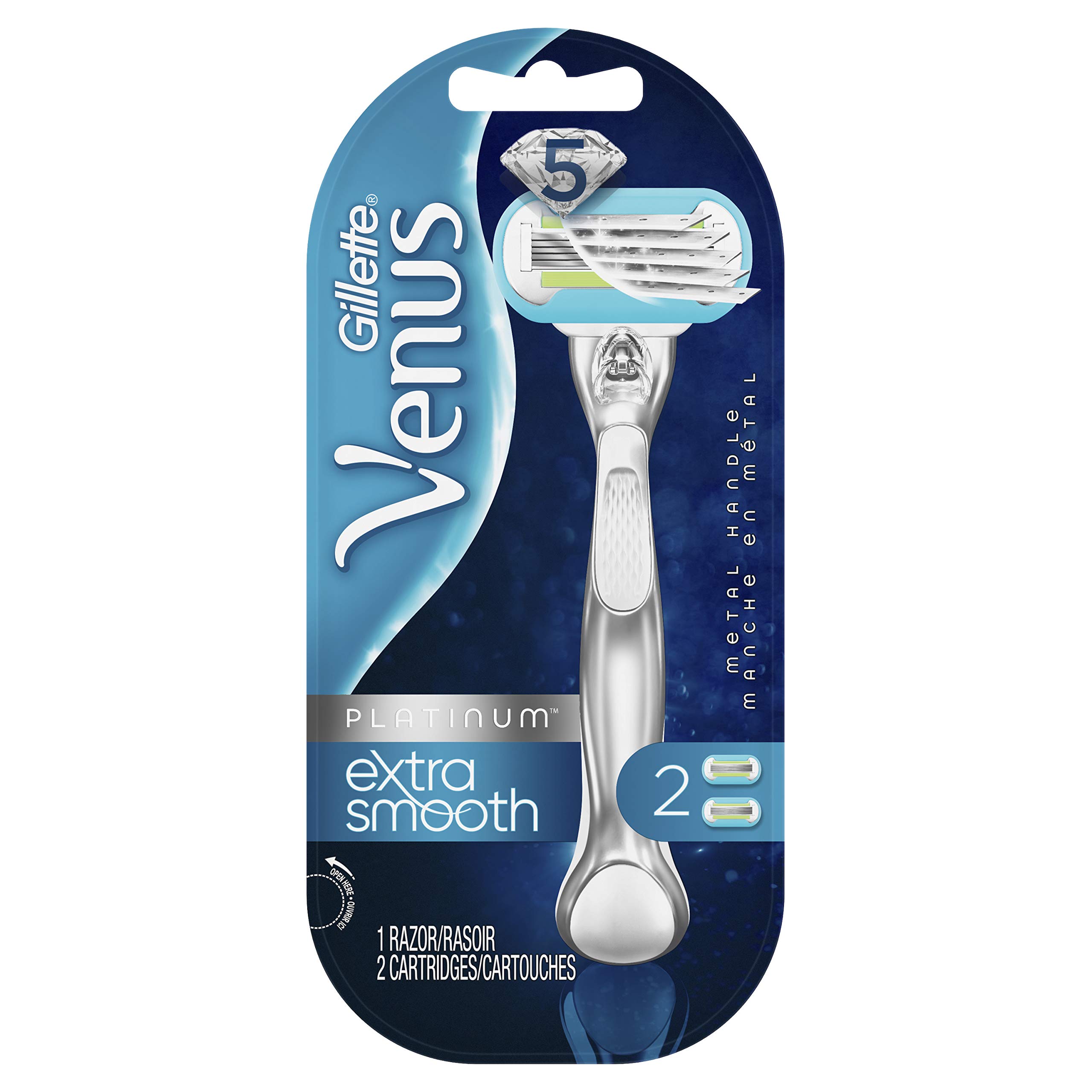 Gillette VenusDeluxe Smooth Platinum Razors for Women, 1 Venus Razor, 2 Razor Blade Refills, Metal Handle with Anti-Slip Grip