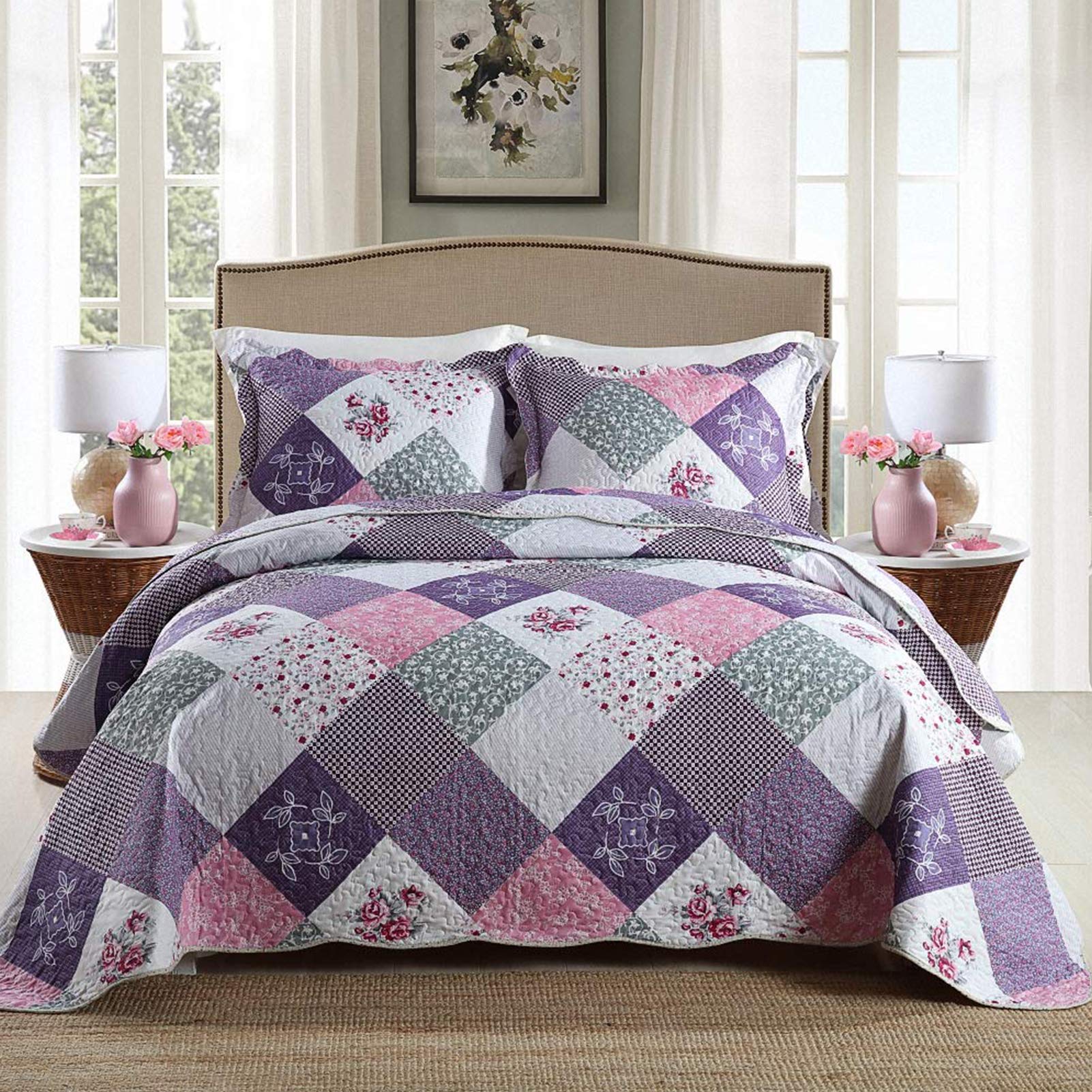 NEWLAKEQuilt Bedspread Sets-Floral Checkered Pattern Reversible Coverlet Set,King Size