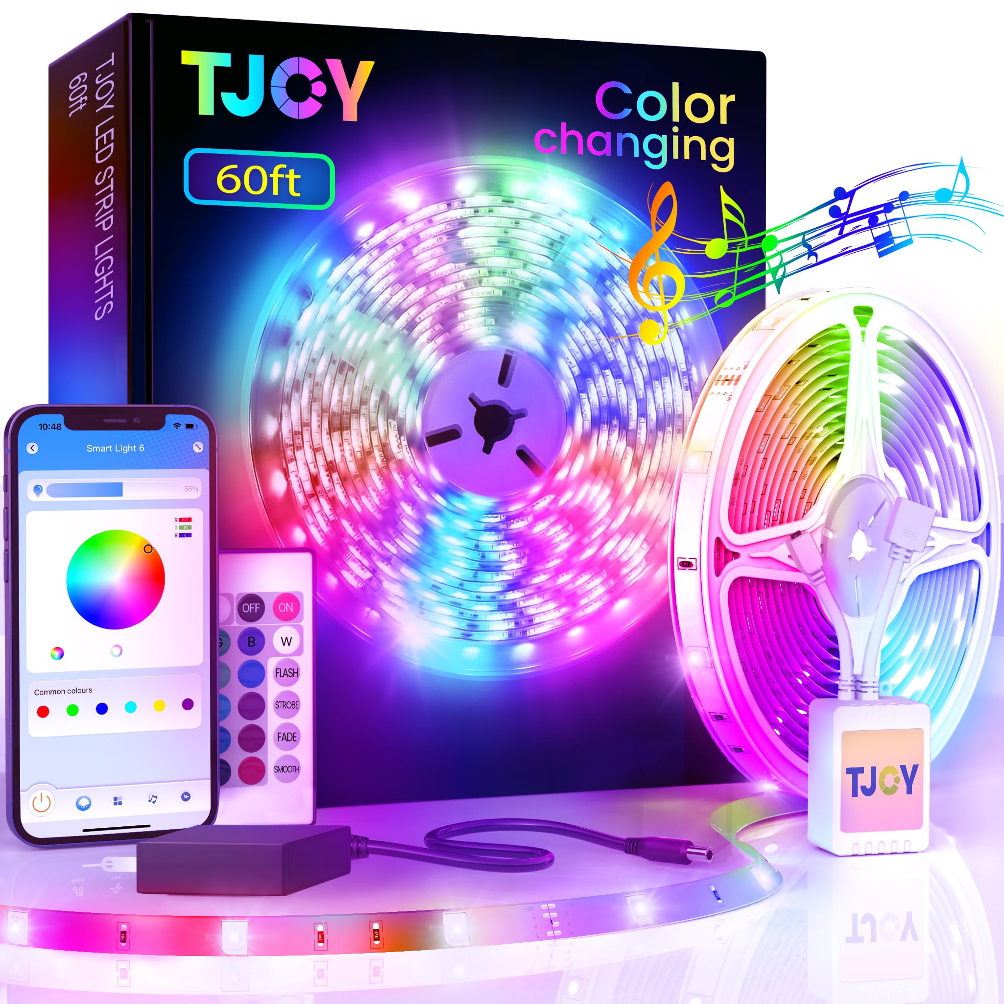 TJOY 60ft Bluetooth LED Strip Lights, Music Sync LED Lights Strip,RGB Color Changing LED Lights with Remote,Smart Phone APP Control,LED Lights for Bedroom,Ceiling,Room DIY(APP+Remote +Mic/60ftx1)