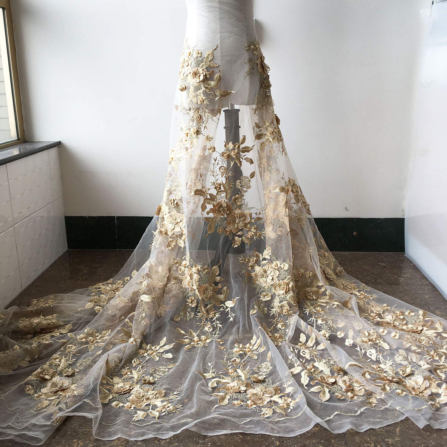 Luxury Beaded Gold Lace Fabric by The Yard Blossom Embroidery Lace Mesh for Evening Gown Wedding Dress 55 inches Width