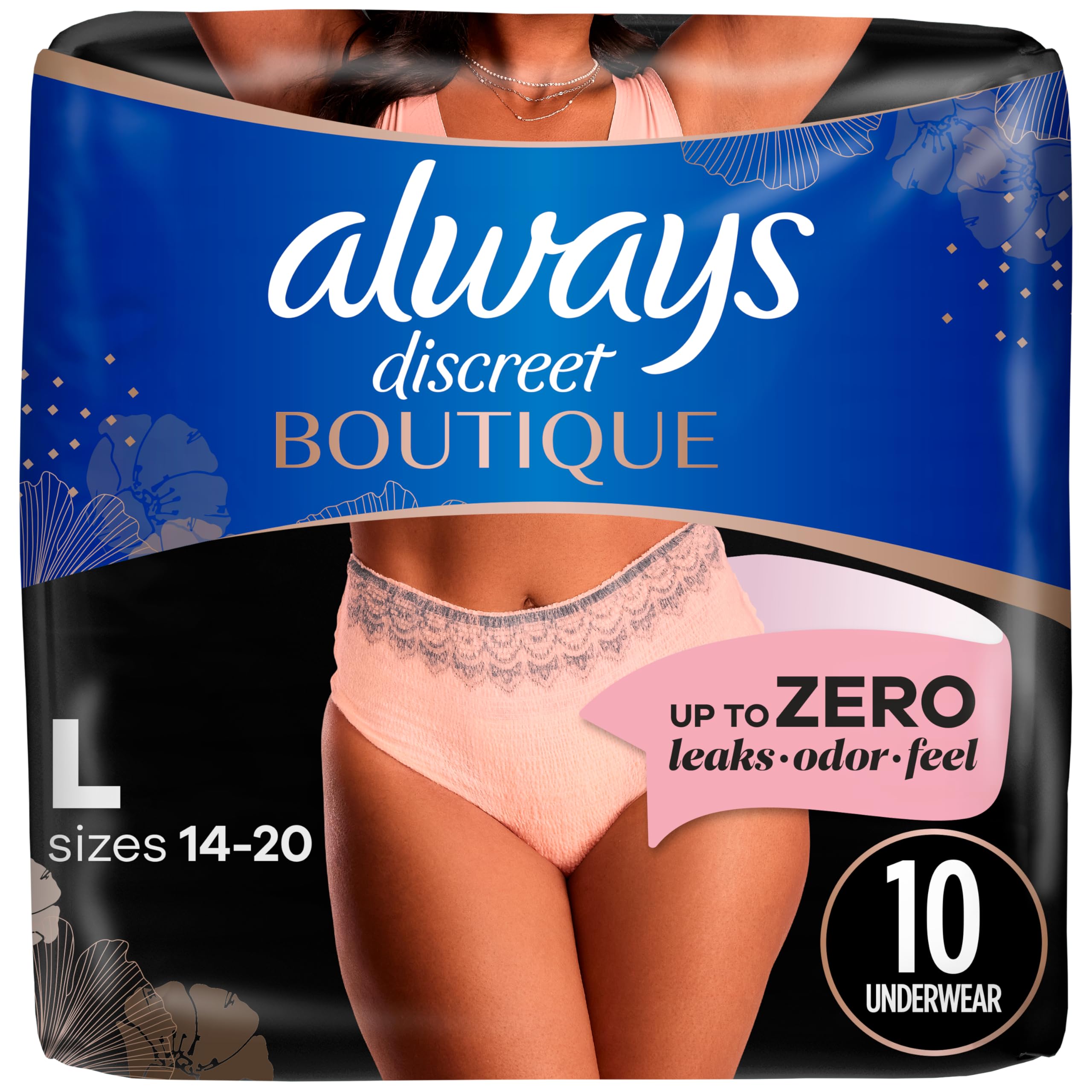 Always Discreet Boutique Incontinence Underwear for Women, Large, 10 Count