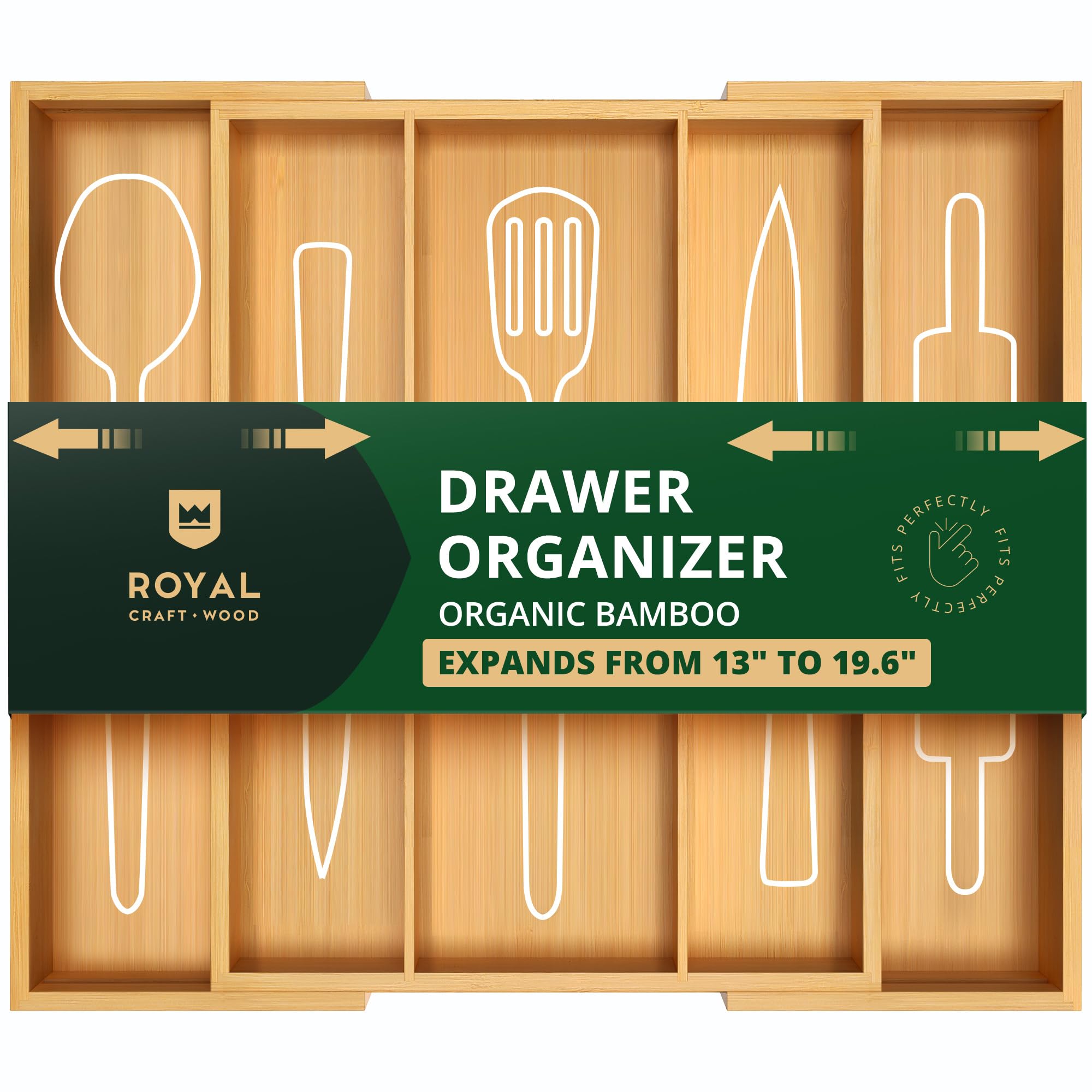 ROYAL CRAFT WOOD Luxury Bamboo Kitchen Drawer Organizer - Silverware Organizer - Utensil Holder and Cutlery Tray with Grooved Drawer Dividers for Flatware and Kitchen Utensils (5 Slot, Natural)