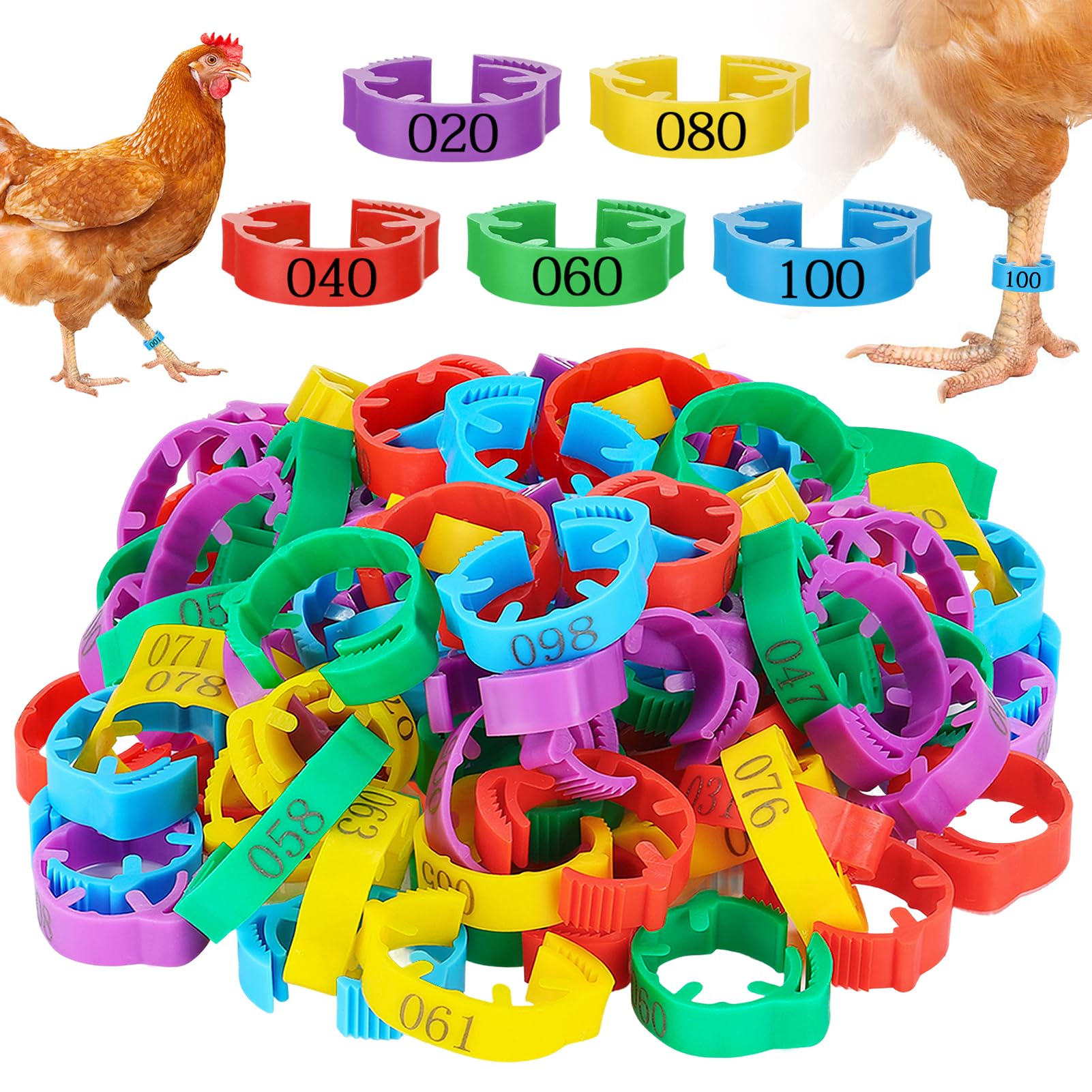 MEWTOGOAdjustable 100 Pcs Chicken Leg Rings - Colorful Numbered Chicken Identification Leg Bands, Durable Poultry Leg Bands for Chickens Ducks Goose Turkey