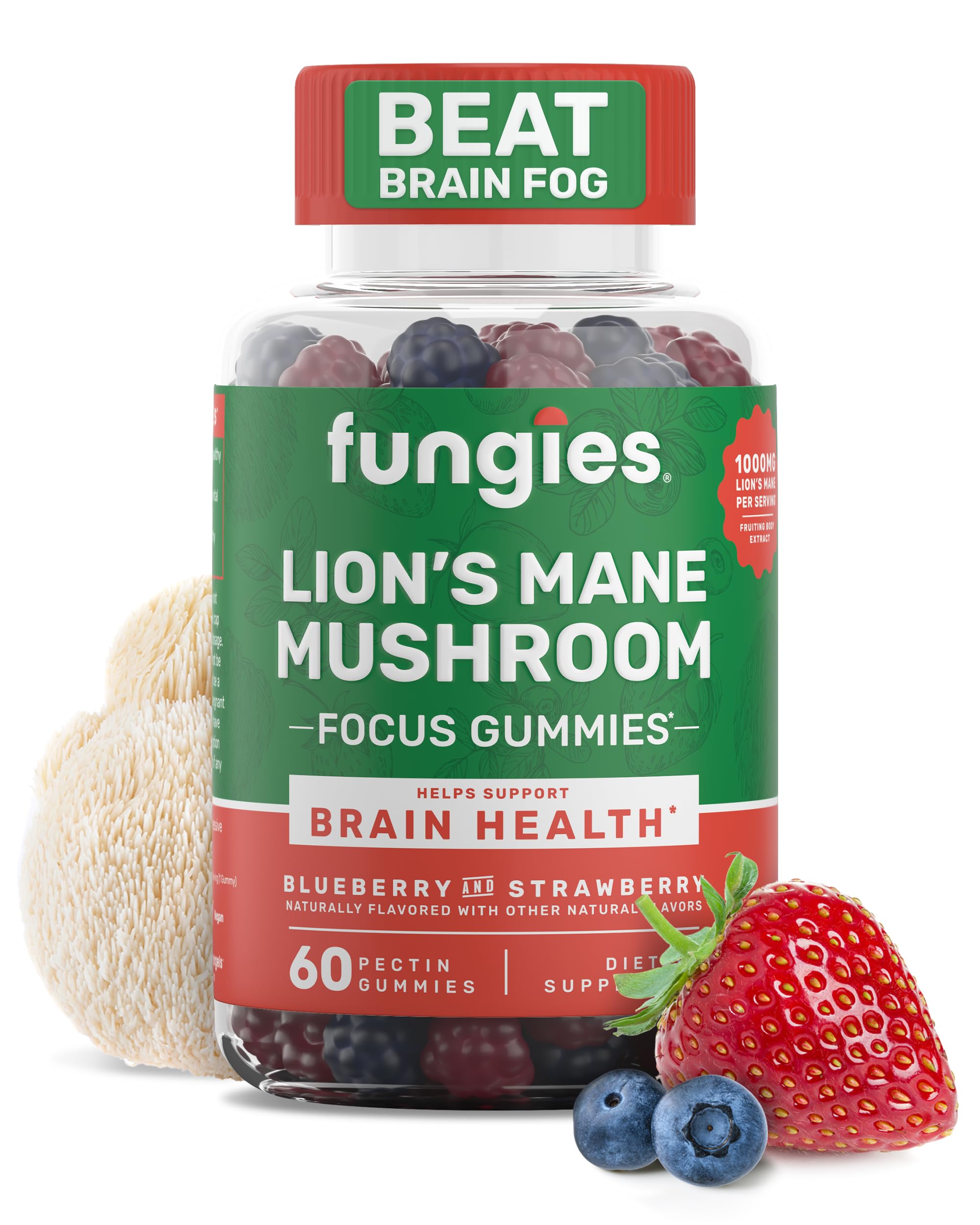 Lion's Mane Mushroom Gummies, Mixed Blueberry & Strawberry Flavor - Mushroom Supplement Gummy for Adults & Children Supports Brain Health, Cognitive Function, Focus, Memory & Mood, 60 Servings