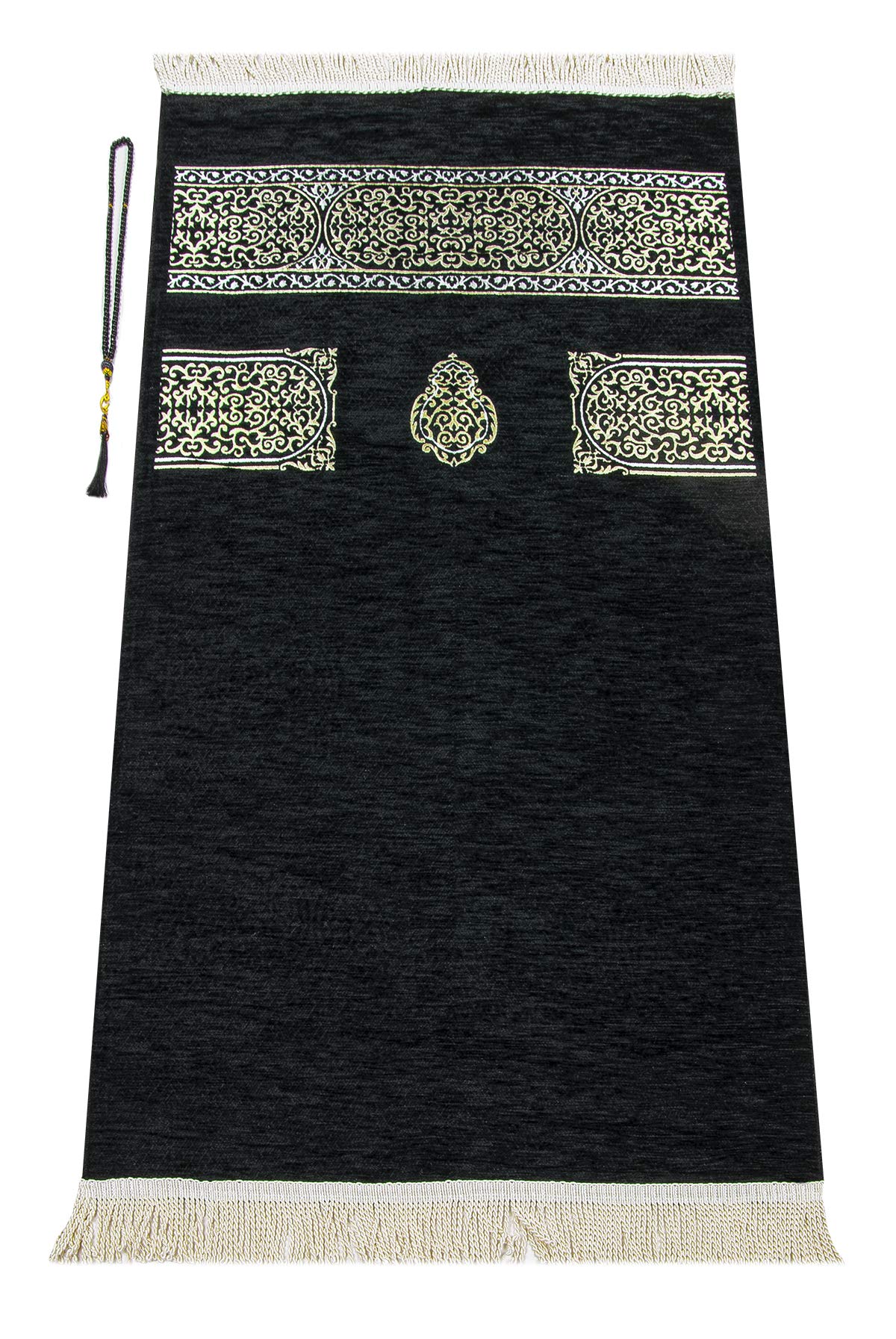 Muslim Prayer Rug with Prayer Beads | Janamaz | Sajadah | Soft Islamic Prayer Rug | Islamic Gifts | Prayer Carpet Mat, Black