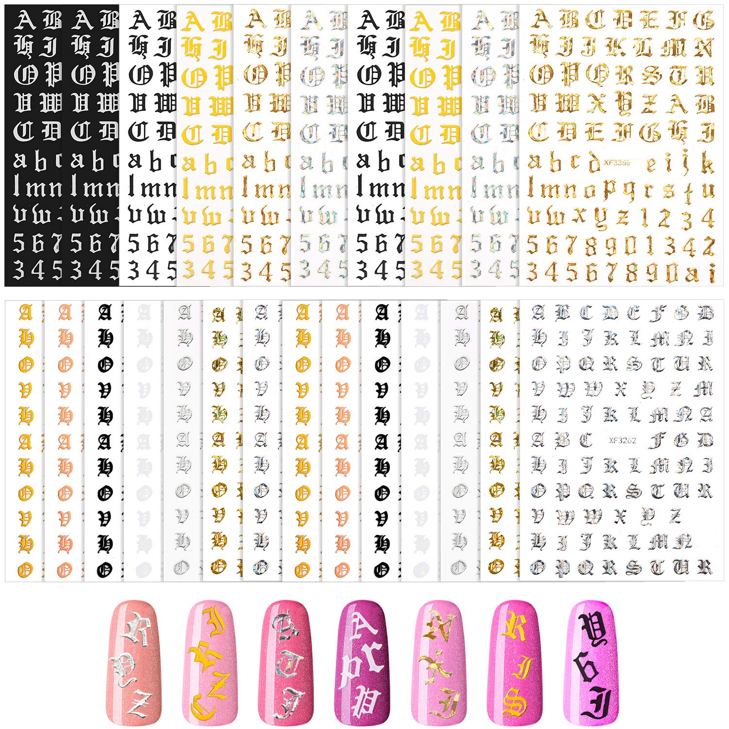 24 Sheets Holographic Letter Nail Art Stickers Old English Alphabet Nail Decals Adhesive Letter 3D Nail Art Stickers for Women Girls DIY Nail Decoration Manicure