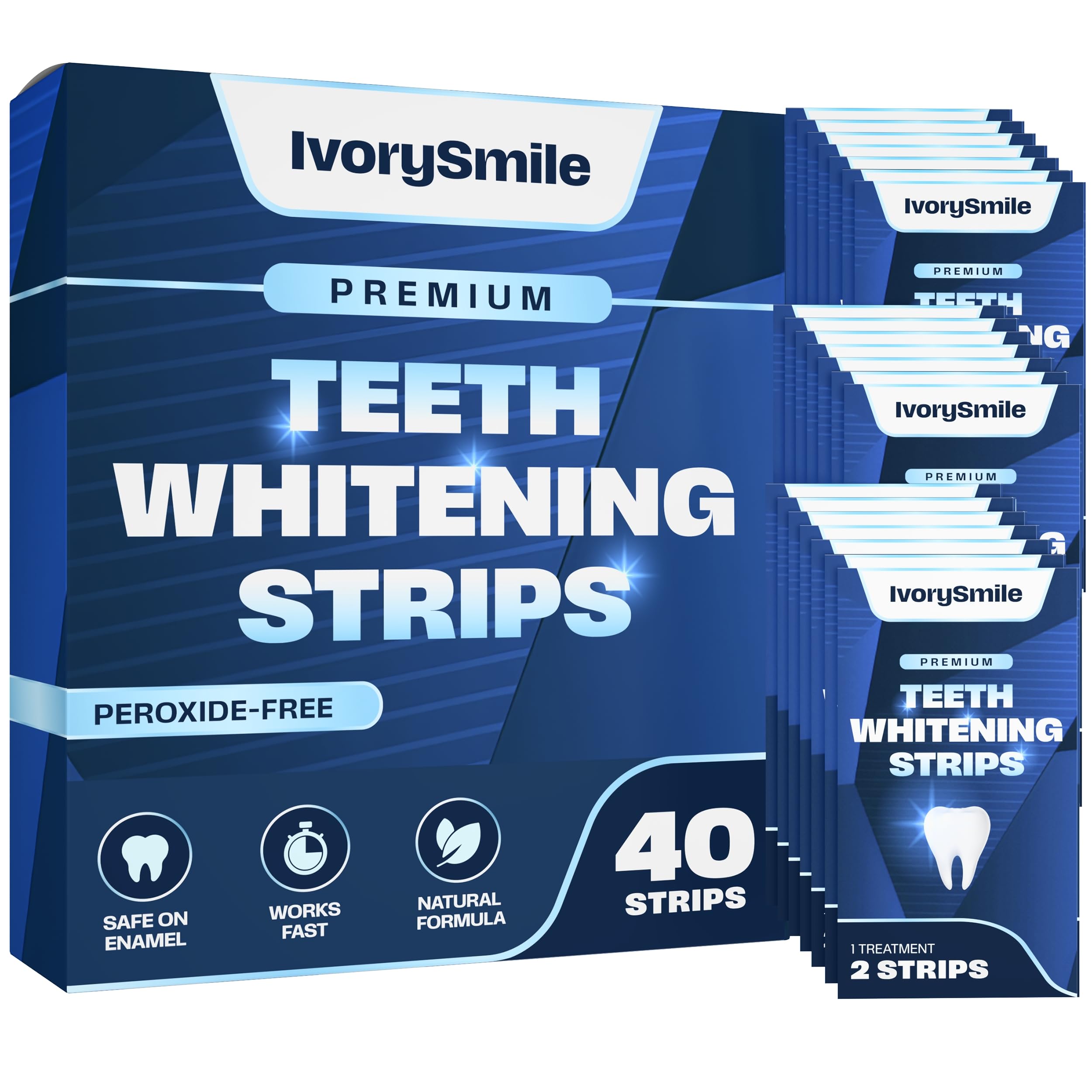 IvorySmile Premium Teeth Whitening Strips - Non-Sensitive Formula - Enamel Safe - 40 Peroxide-Free Whitening Strips - 20 Treatments - Dentist Formulated Teeth Whitening Kit, Mouth Opener Included