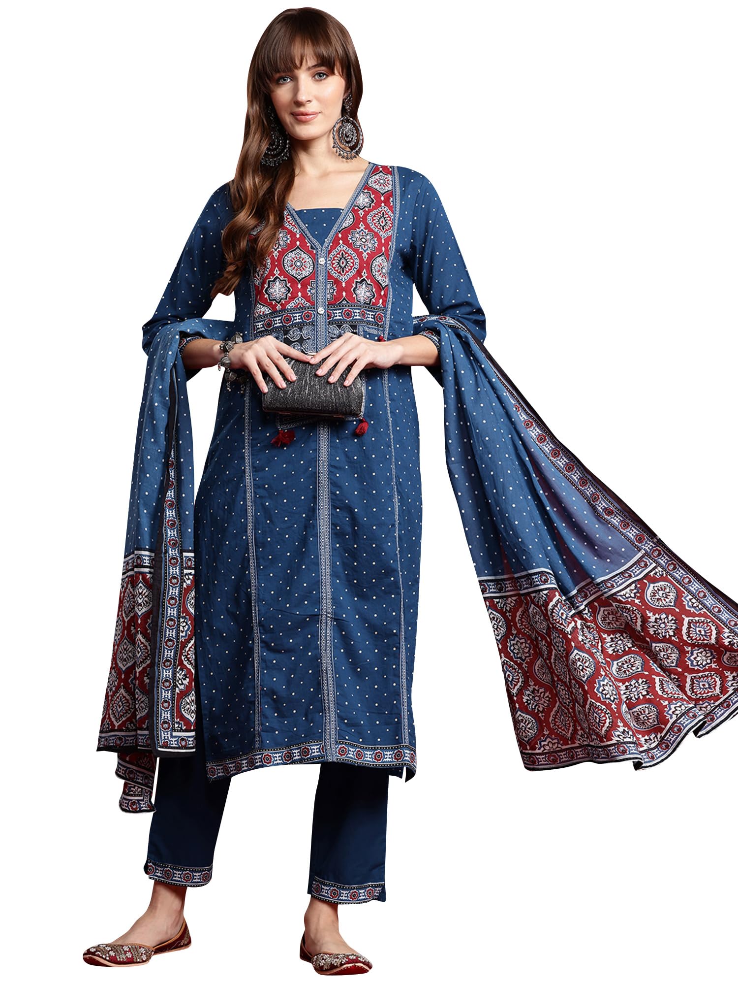 INDO ERAWomen's Pure Cotton Printed Straight Kurta With Pant & Dupatta Set (KHOBL6740)